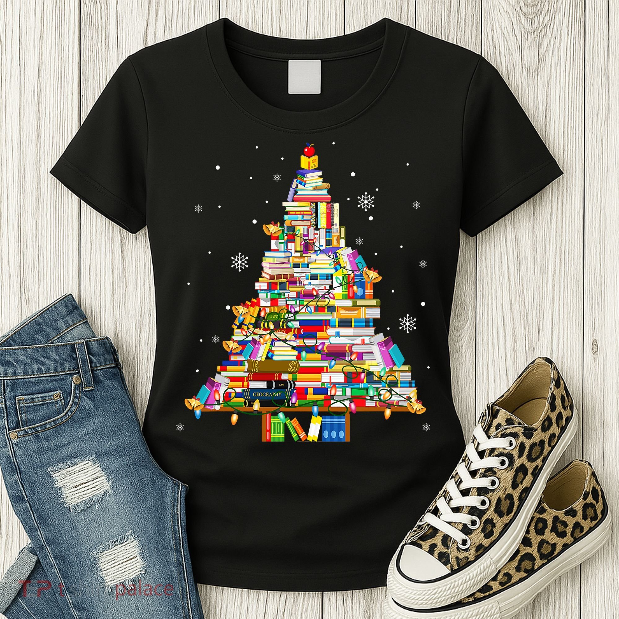 Christmas Library Tree Lights For Librarian And Book Lover Women's T-Shirt