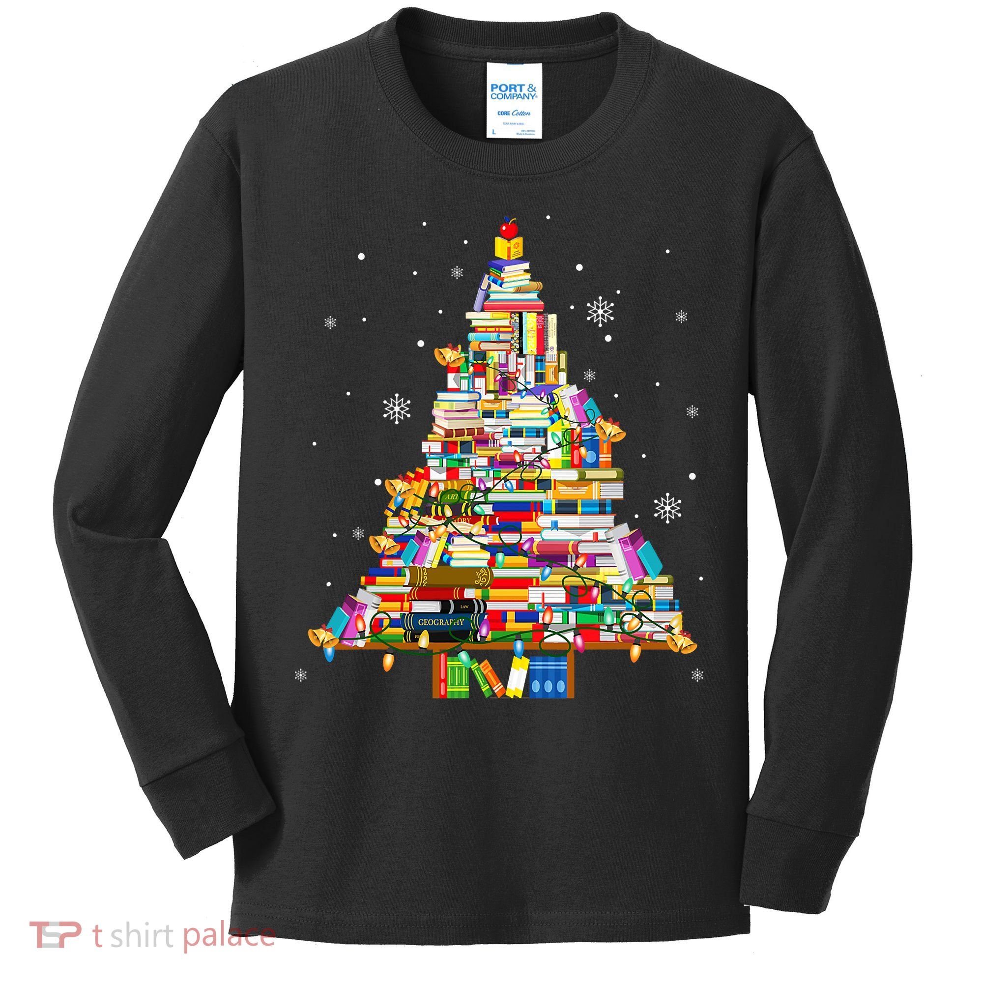 Christmas Library Tree Lights For Librarian And Book Lover Kids Long Sleeve Shirt