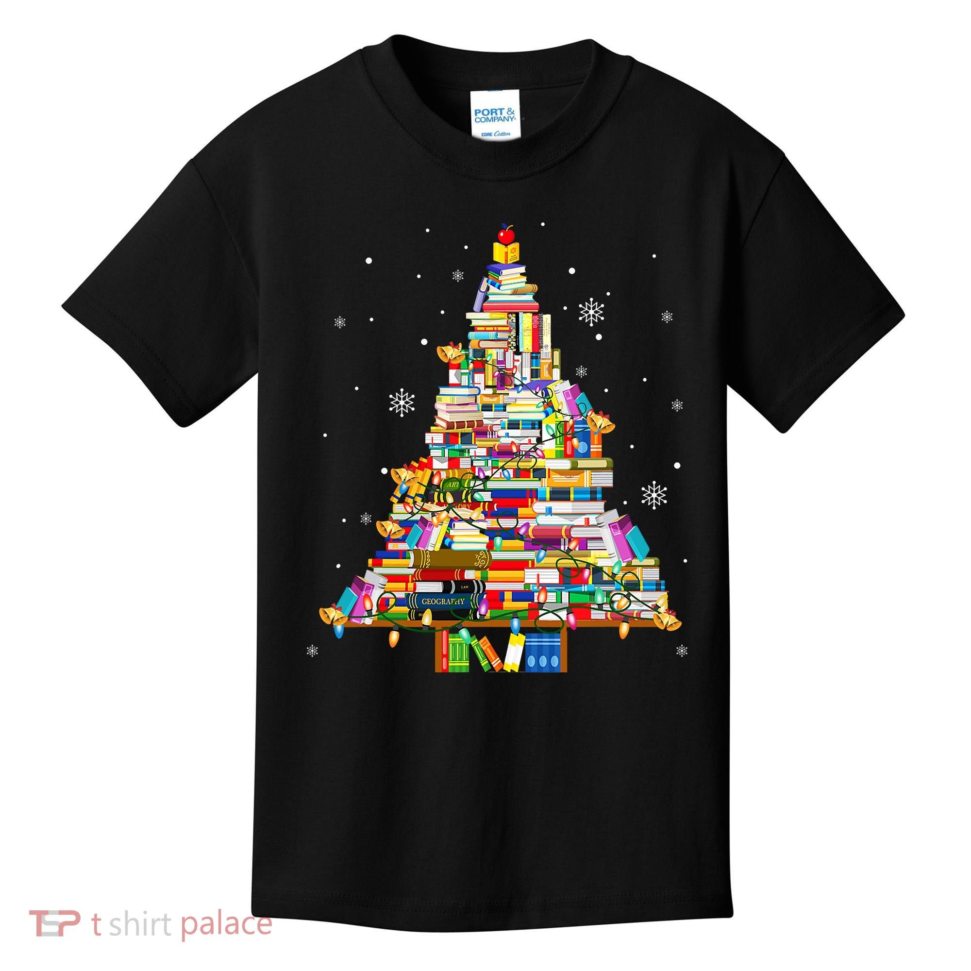 Christmas Library Tree Lights For Librarian And Book Lover Kids T-Shirt