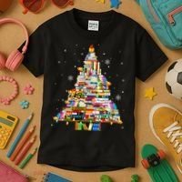 Christmas Library Tree Lights For Librarian And Book Lover Kids T-Shirt thumb 3