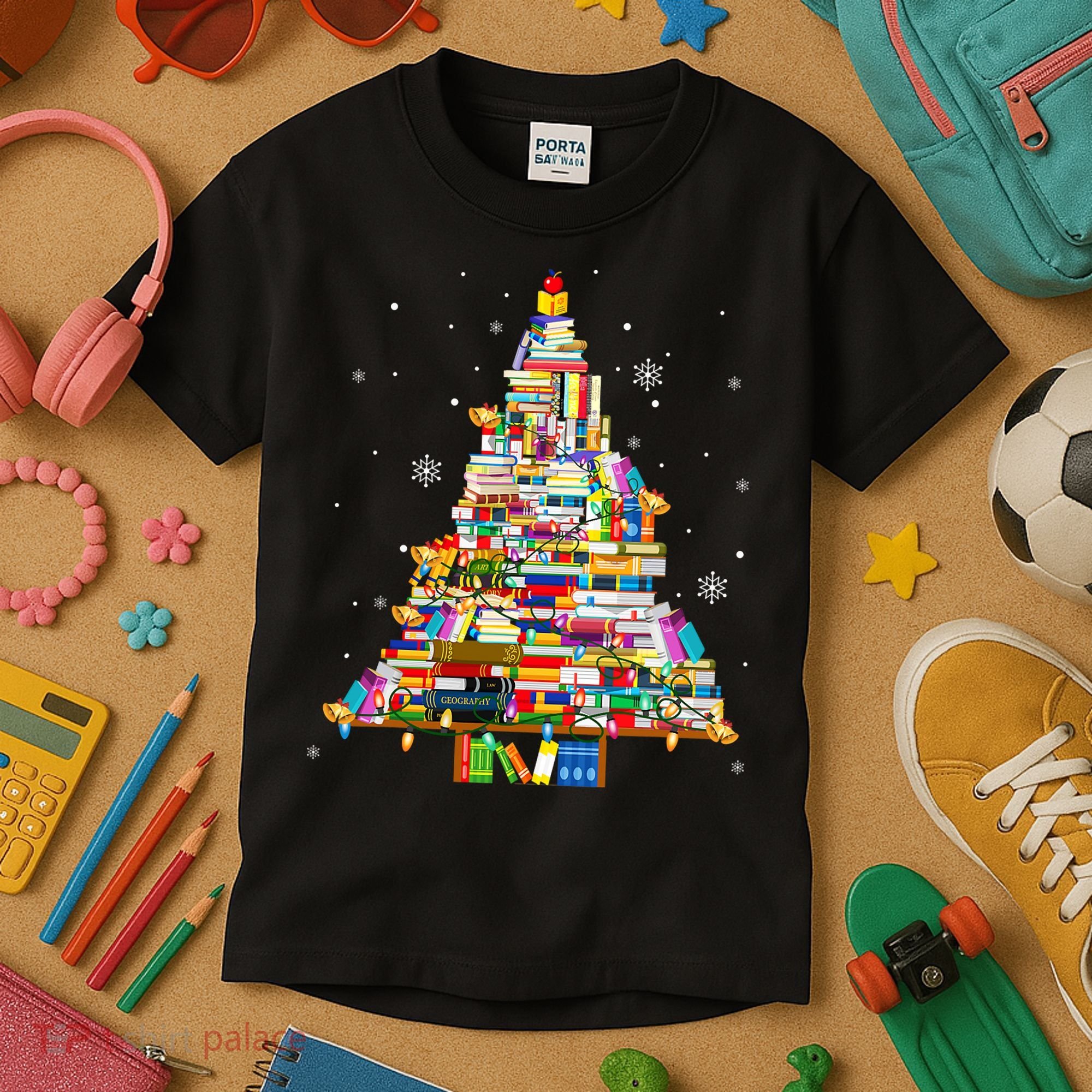 Christmas Library Tree Lights For Librarian And Book Lover Kids T-Shirt