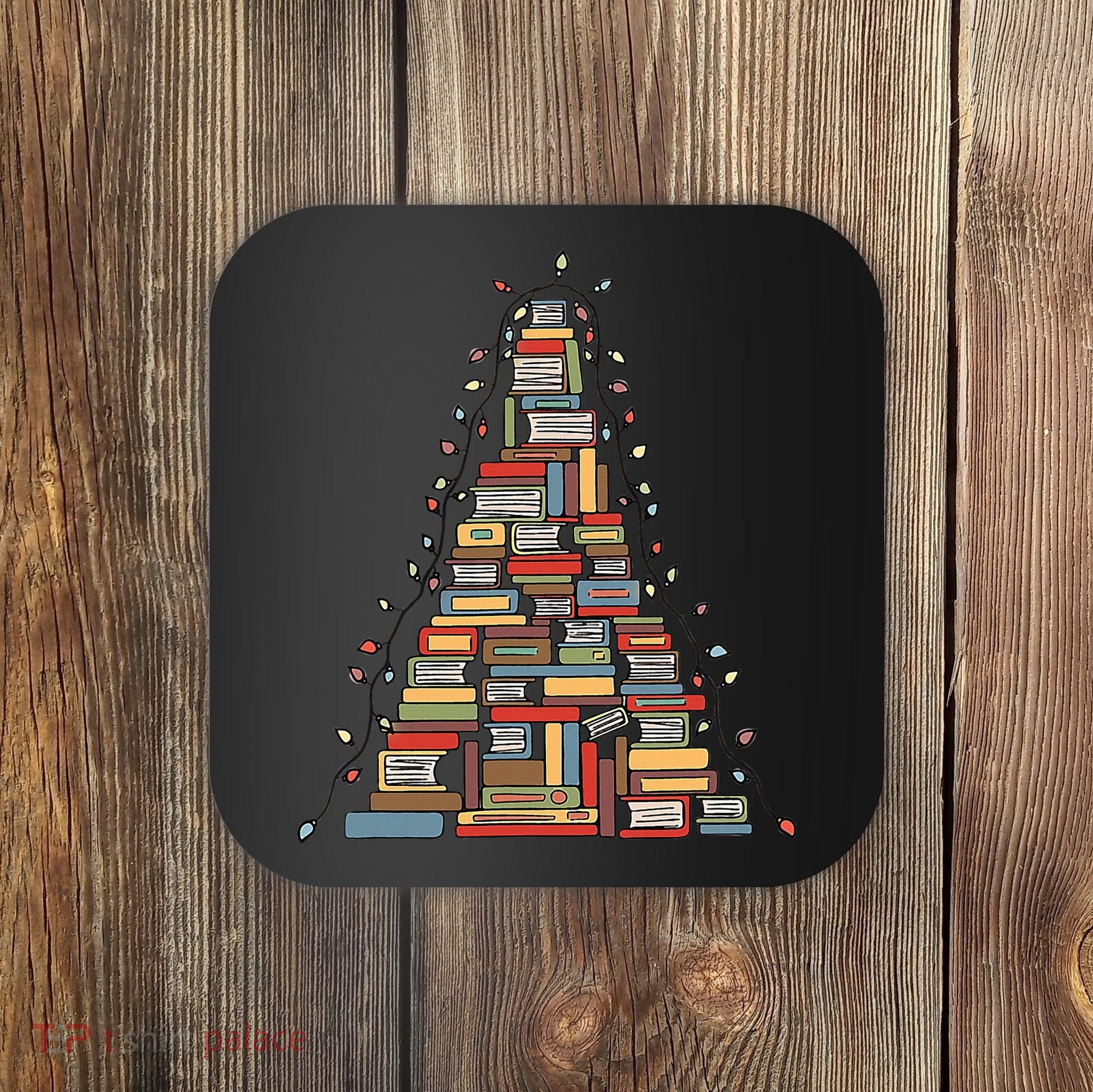 Christmas Library Tree Librarian Book Lover Coaster