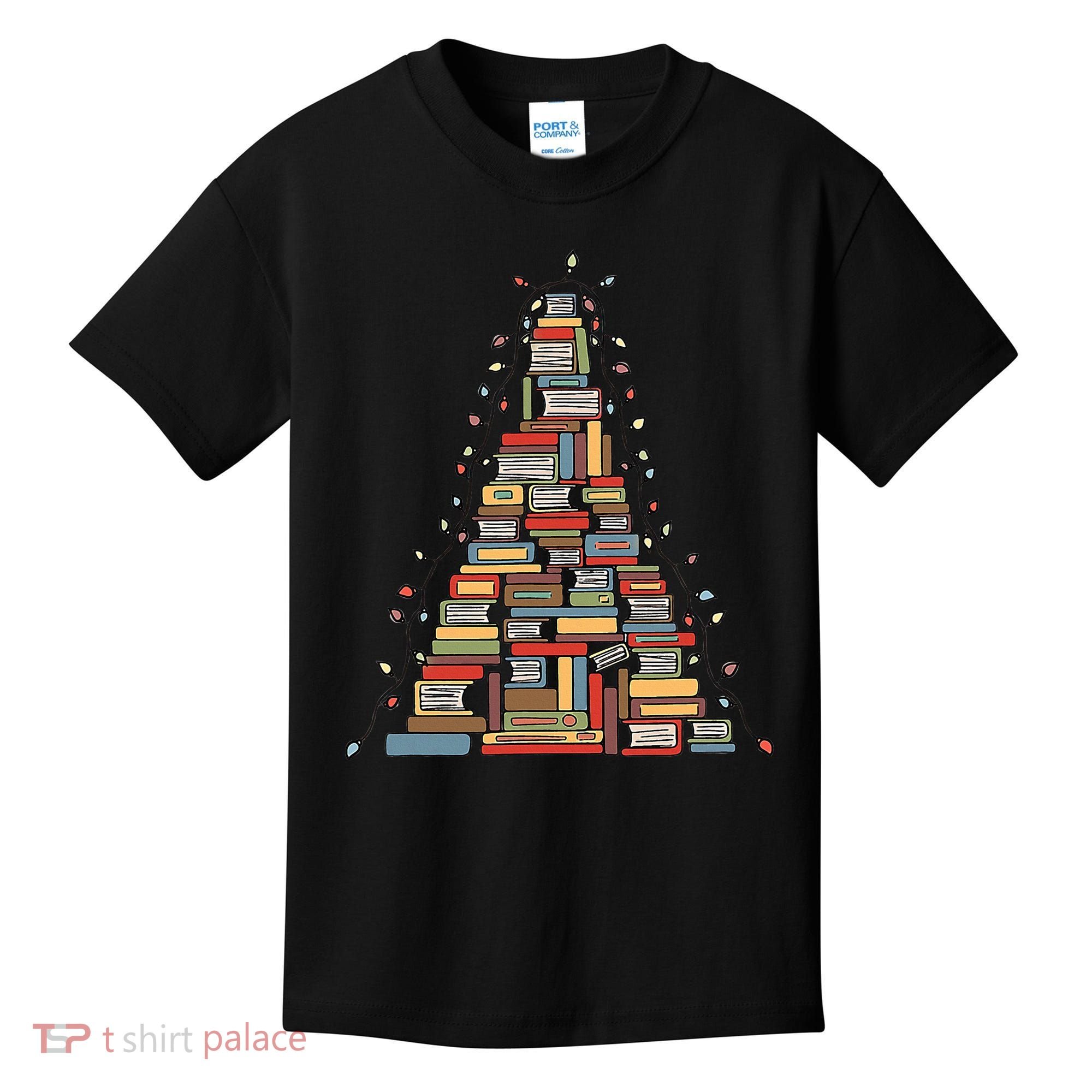 Christmas Library Tree Librarian Book Lover Kids T-Shirt