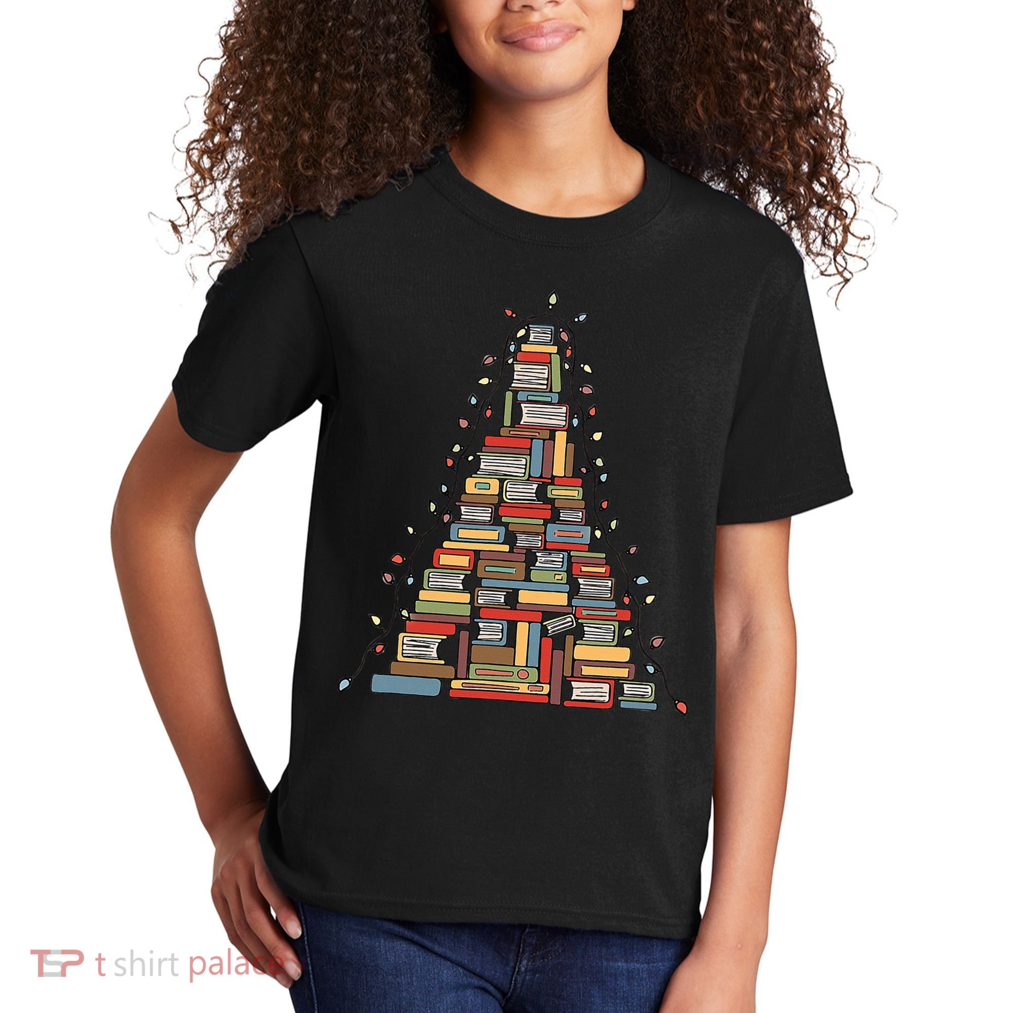 Christmas Library Tree Librarian Book Lover Kids T-Shirt