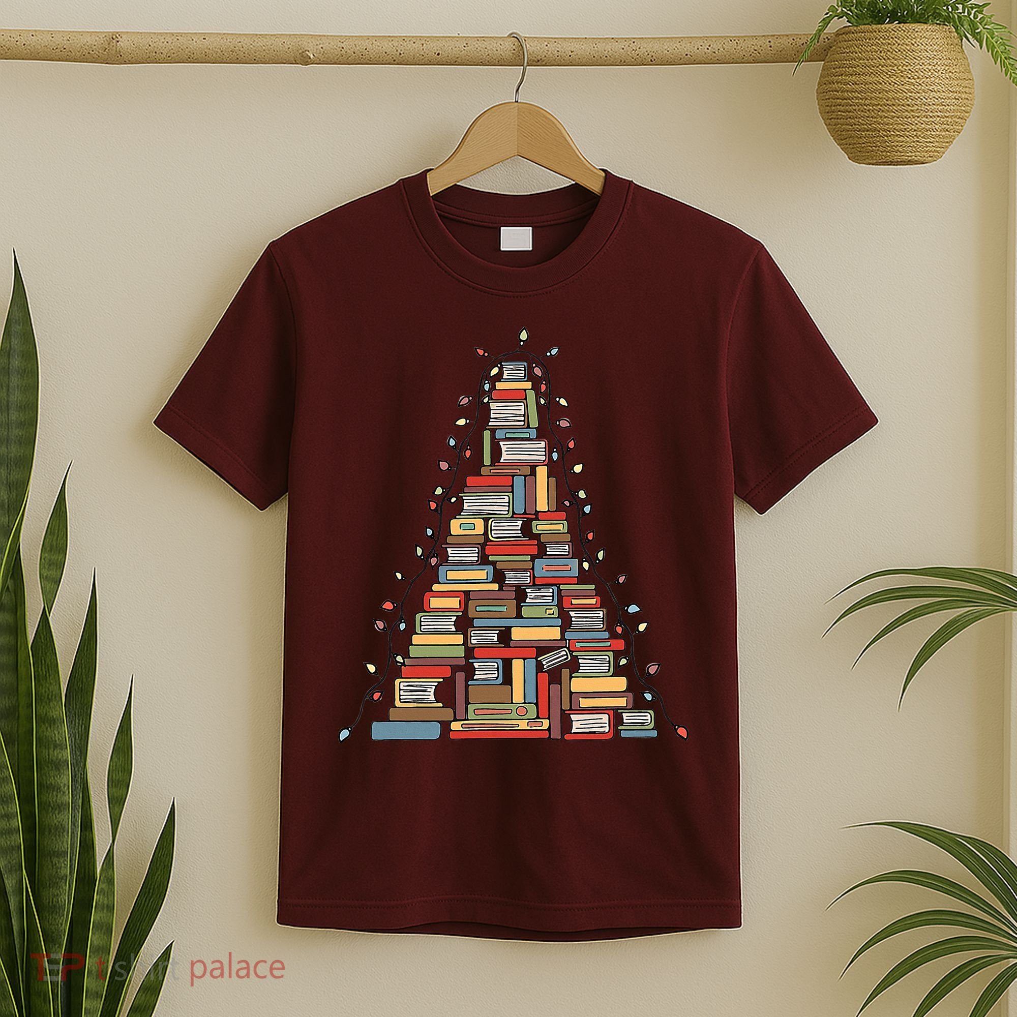Christmas Library Tree Librarian Book Lover T-Shirt