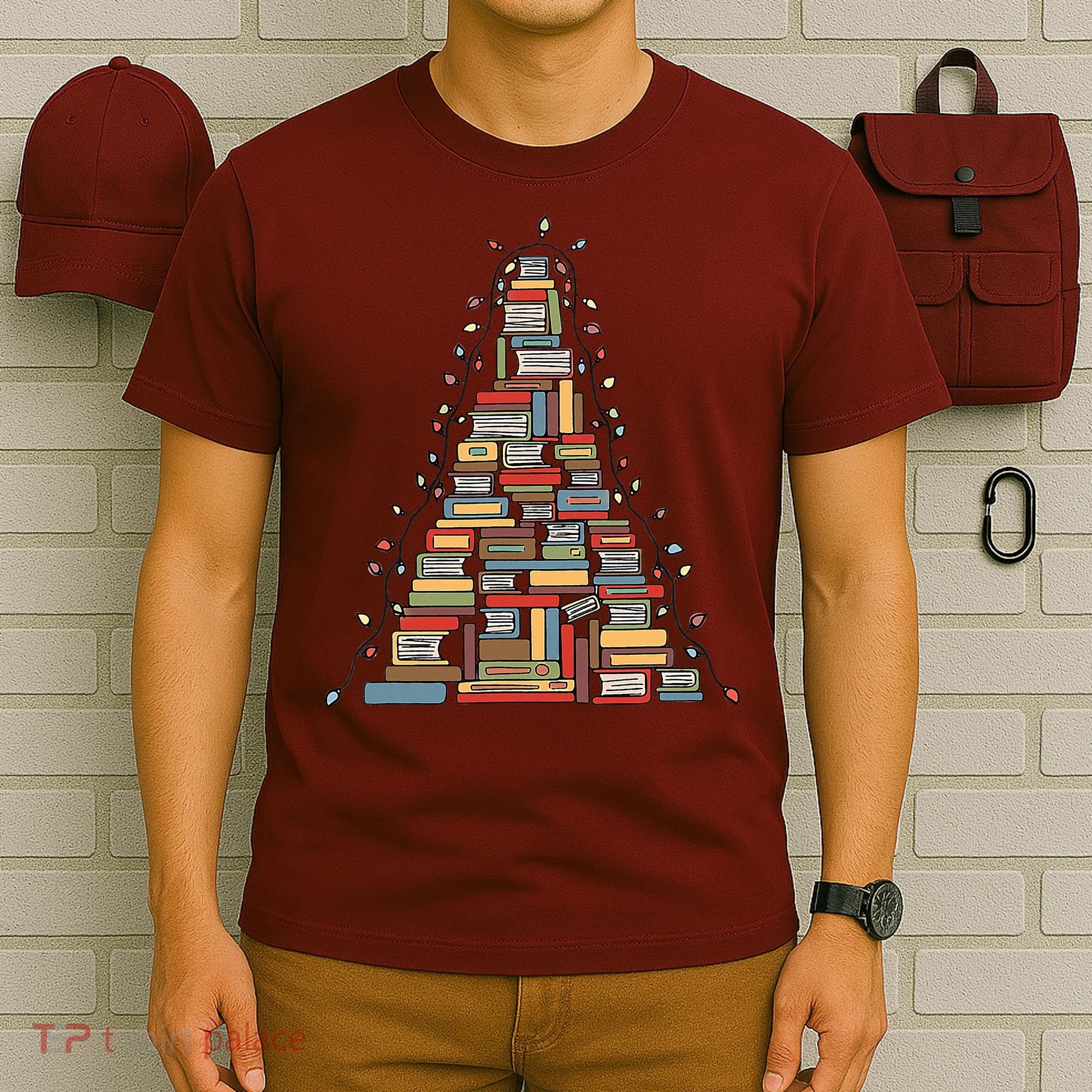 Christmas Library Tree Librarian Book Lover T-Shirt