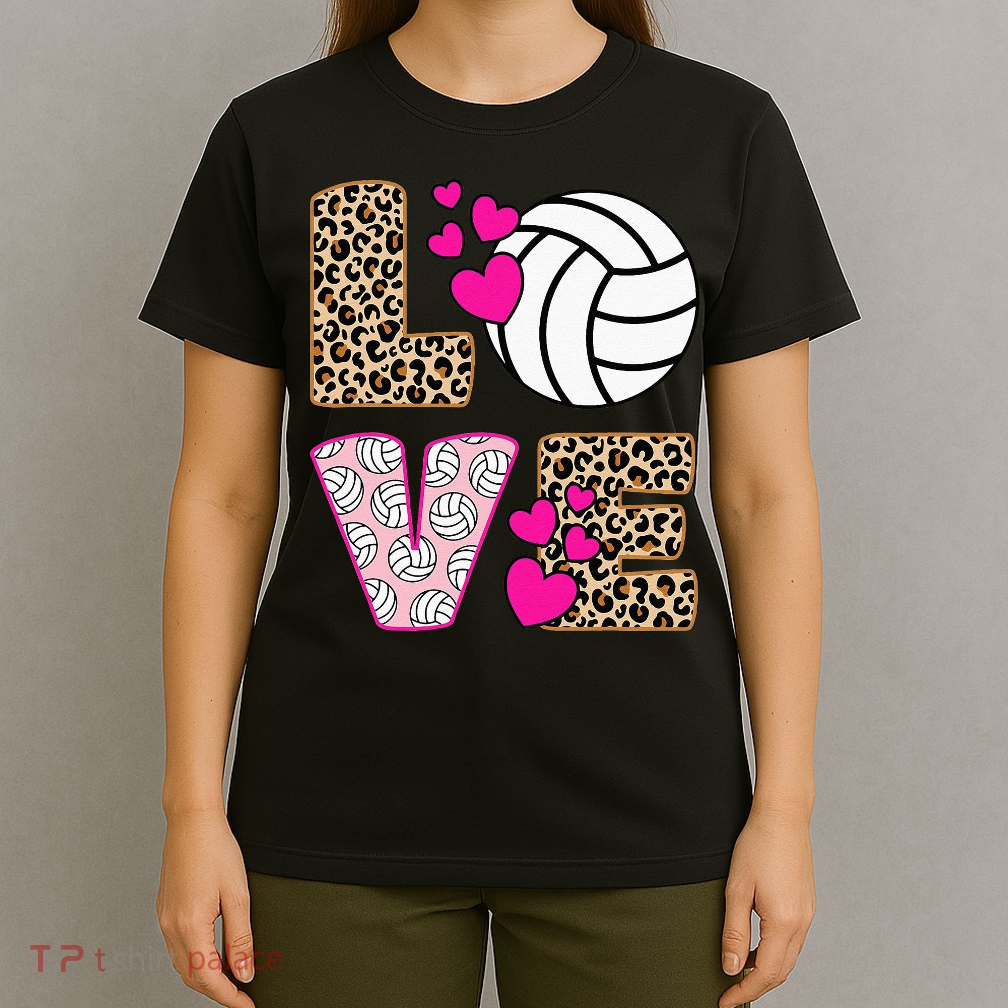 Cute Love Volleyball Leopard Print Women Ladies Volleyball T-Shirt