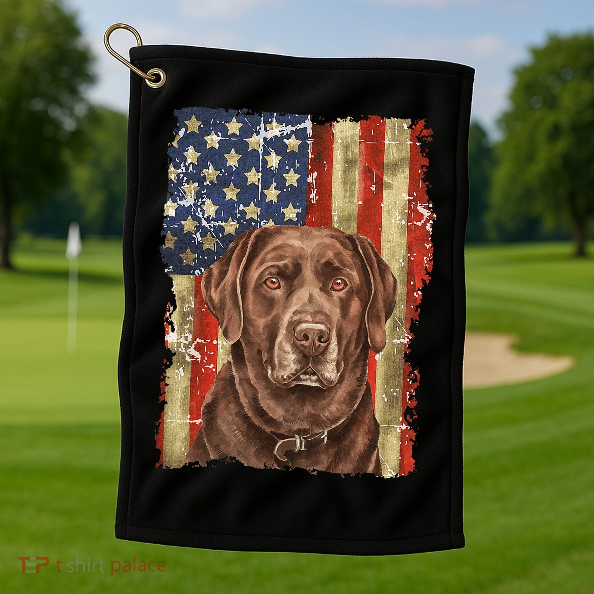 Chocolate Lab With USA Flag Gift  Golf Towel