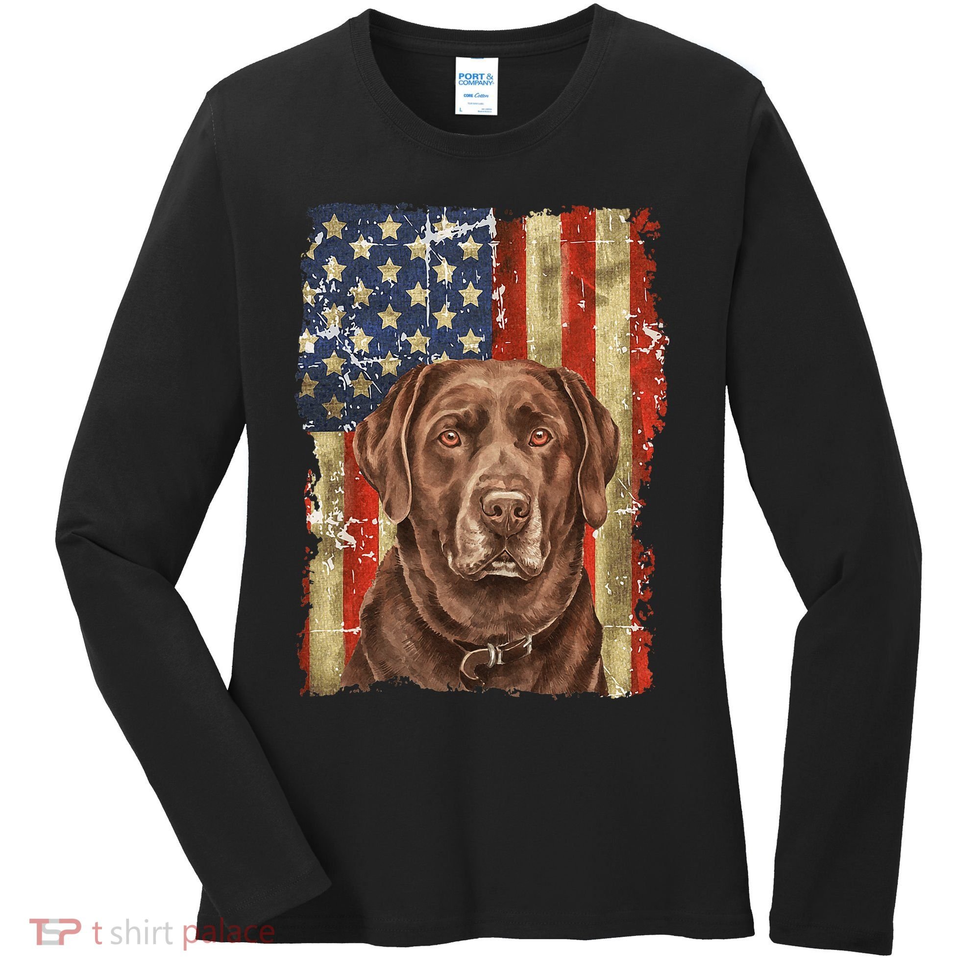 Chocolate Lab With USA Flag Gift  Women's Long Sleeve Shirt
