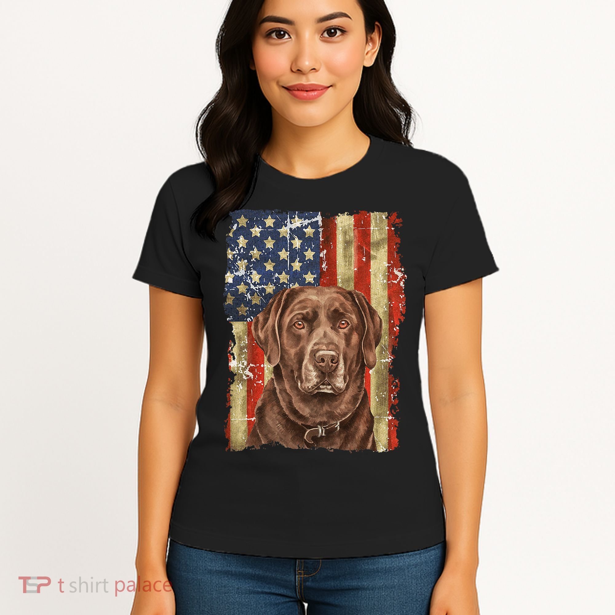 Chocolate Lab With USA Flag Gift  Women's T-Shirt