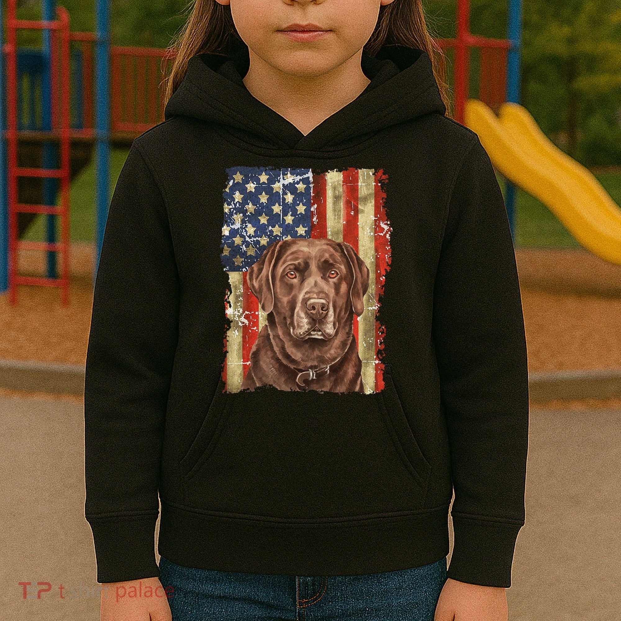 Chocolate Lab With USA Flag Gift  Kids Hoodie