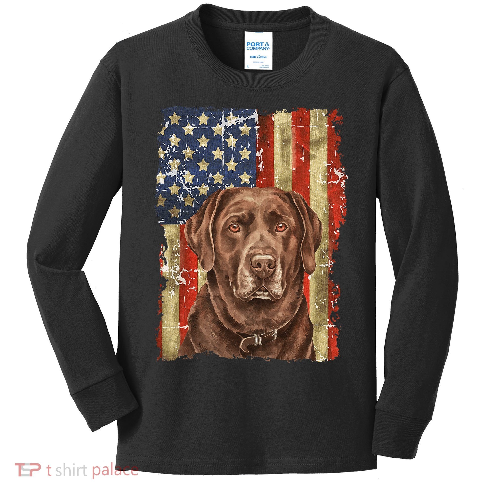Chocolate Lab With USA Flag Gift  Kids Long Sleeve Shirt