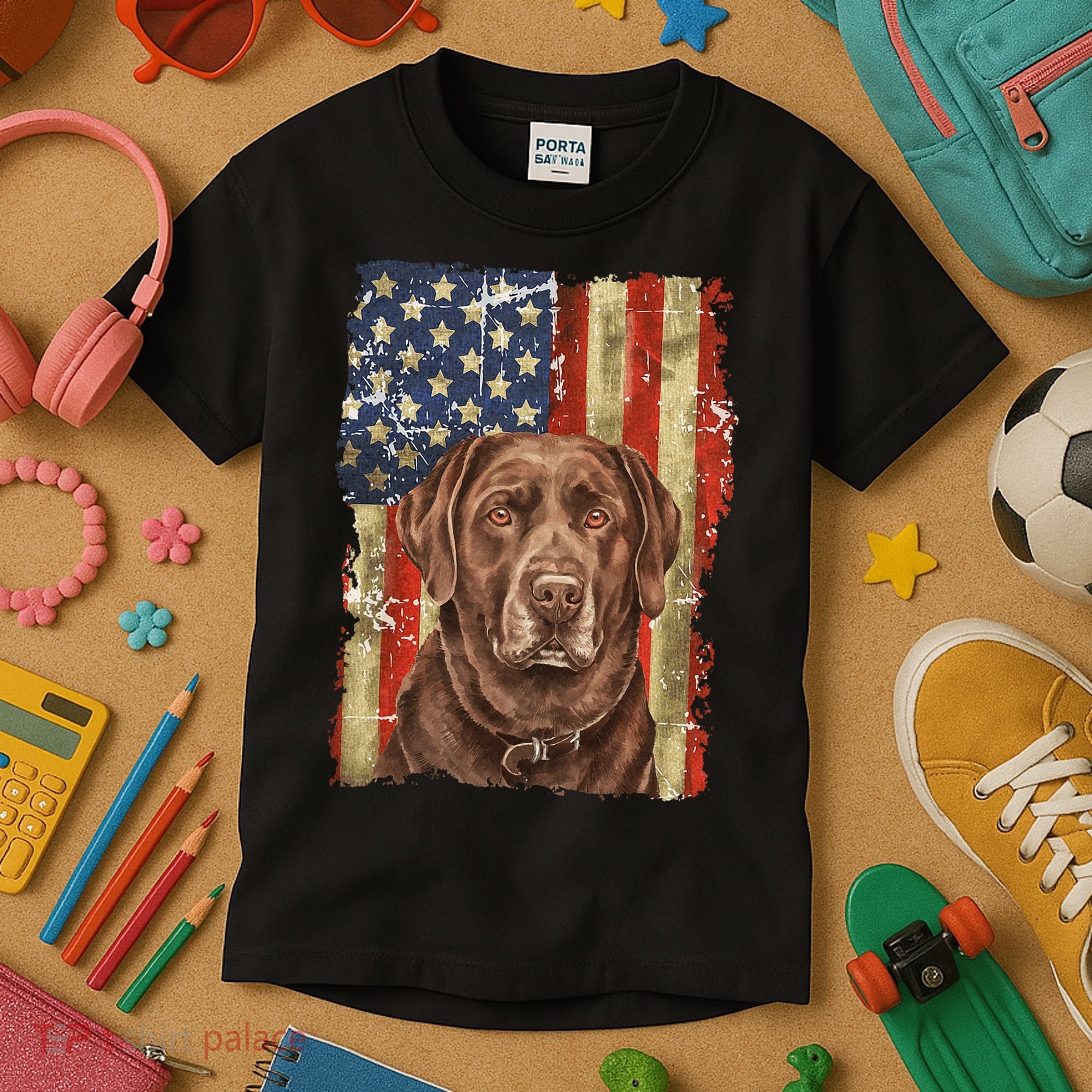 Chocolate Lab With USA Flag Gift  Kids T-Shirt