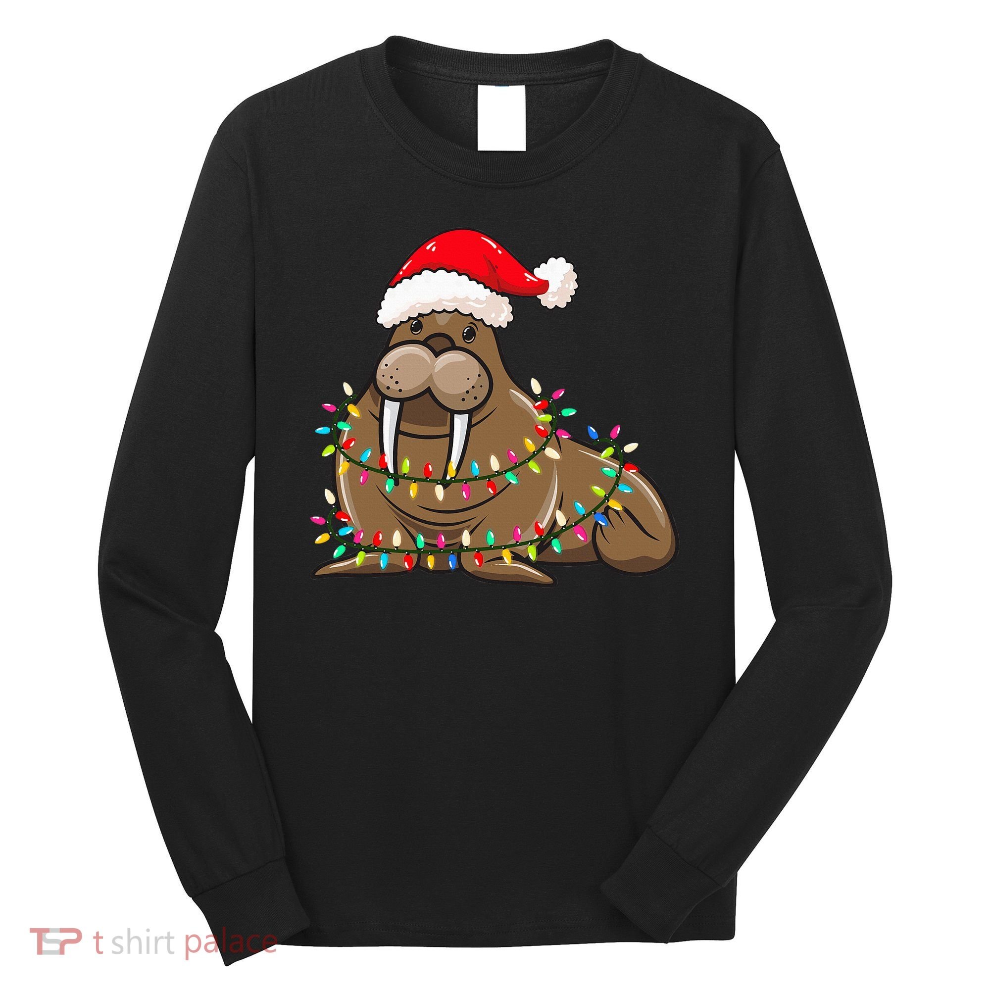 Christmas Lights Walrus Wearing Xmas Hat Walrus Lover Long Sleeve Shirt