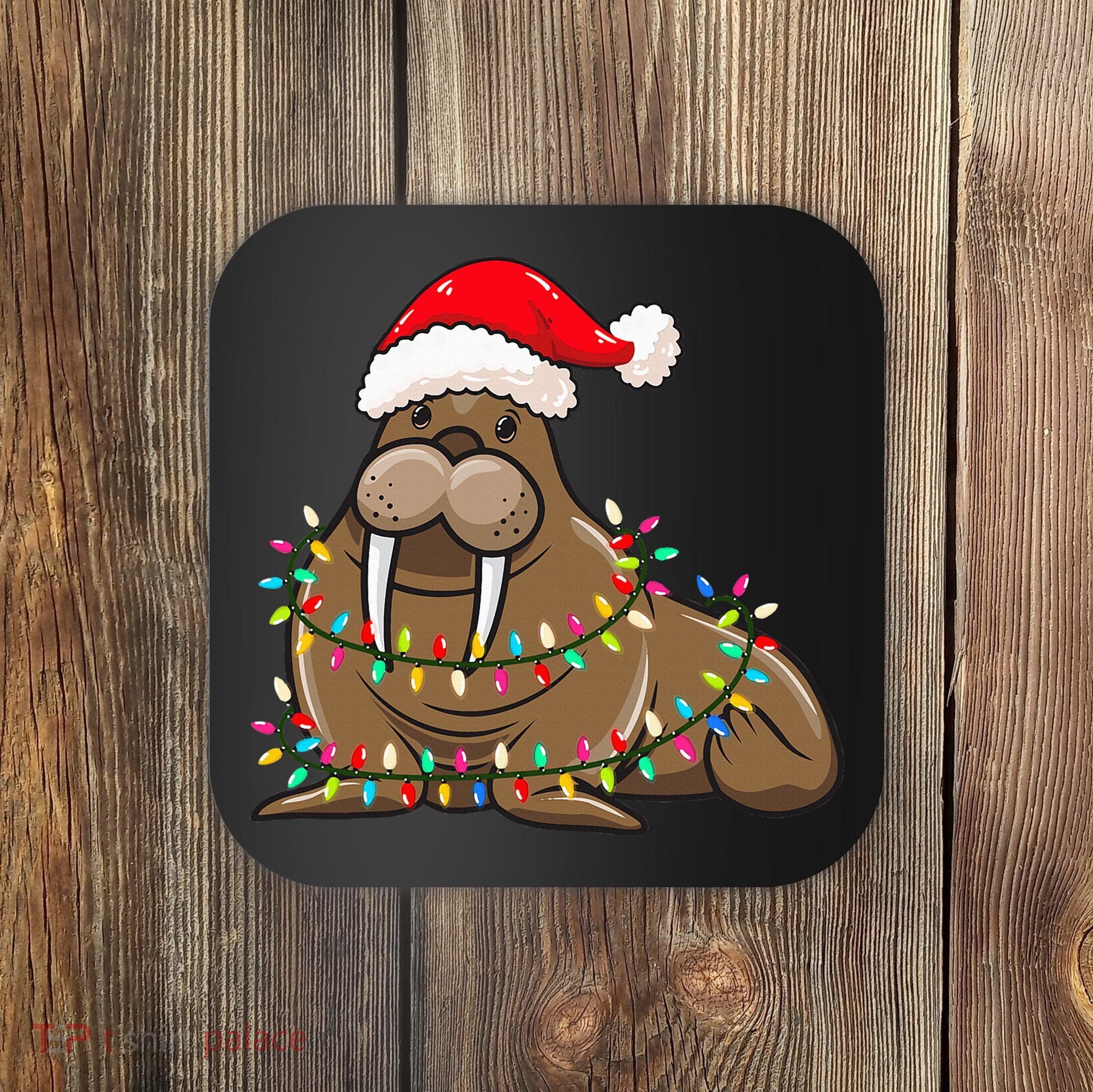 Christmas Lights Walrus Wearing Xmas Hat Walrus Lover Coaster