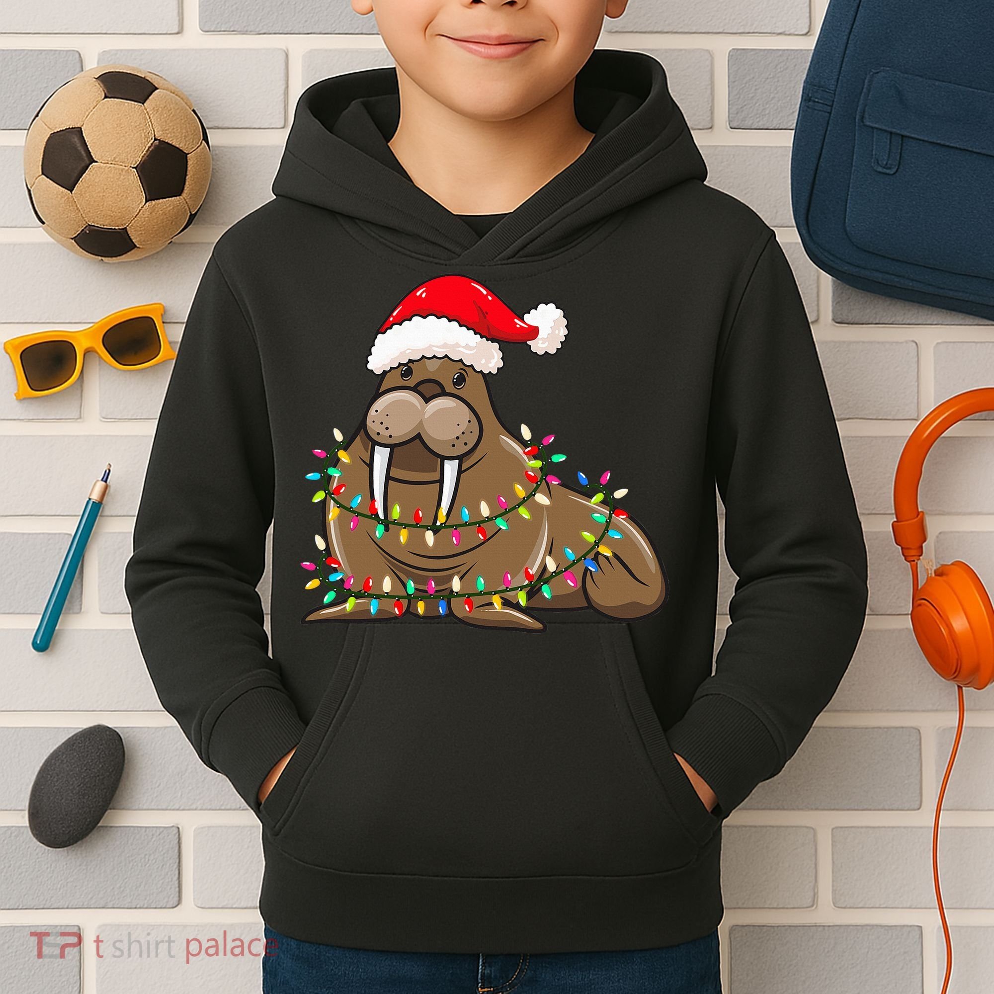 Christmas Lights Walrus Wearing Xmas Hat Walrus Lover Kids Hoodie