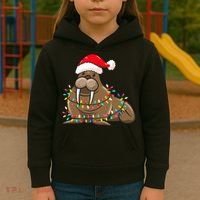 Christmas Lights Walrus Wearing Xmas Hat Walrus Lover Kids Hoodie thumb 3