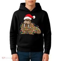 Christmas Lights Walrus Wearing Xmas Hat Walrus Lover Kids Hoodie thumb 4