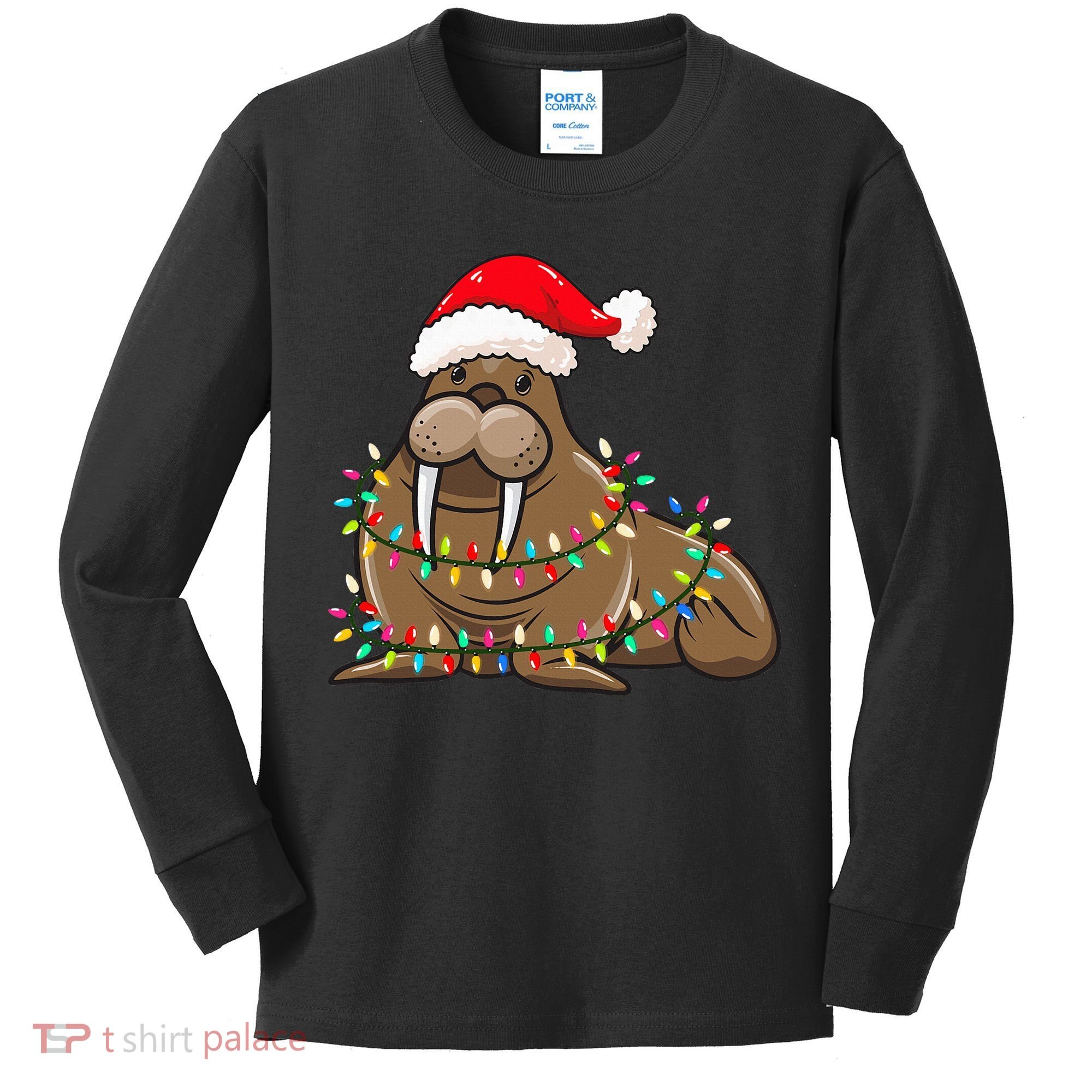 Christmas Lights Walrus Wearing Xmas Hat Walrus Lover Kids Long Sleeve Shirt