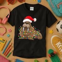 Christmas Lights Walrus Wearing Xmas Hat Walrus Lover Kids T-Shirt thumb 3
