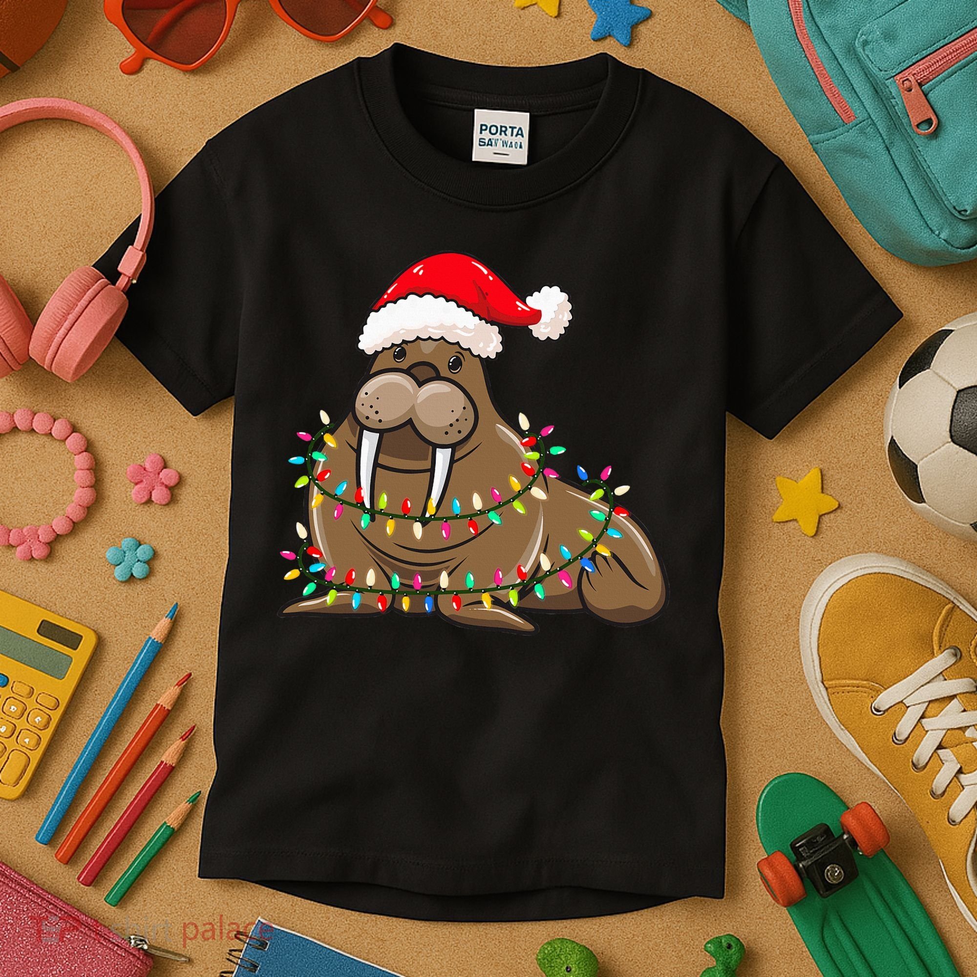 Christmas Lights Walrus Wearing Xmas Hat Walrus Lover Kids T-Shirt