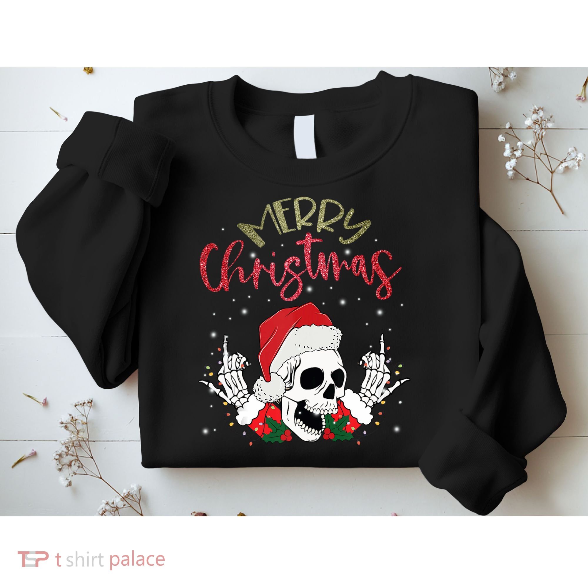 Christmas Light Xmas Santa Hat Funny Skull Merry Christmas Tank Top Sweatshirt