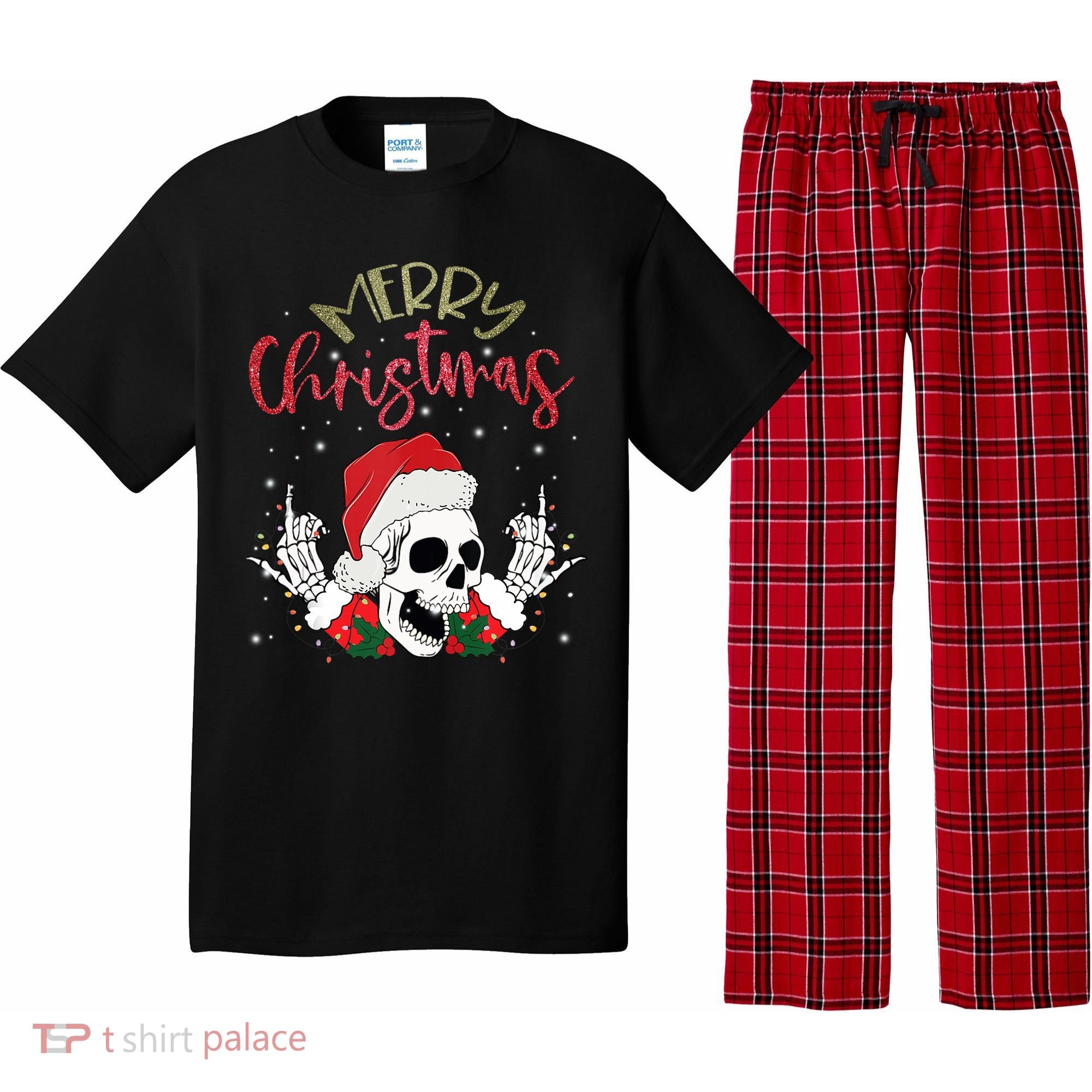 Christmas Light Xmas Santa Hat Funny Skull Merry Christmas Tank Top Pajama Set