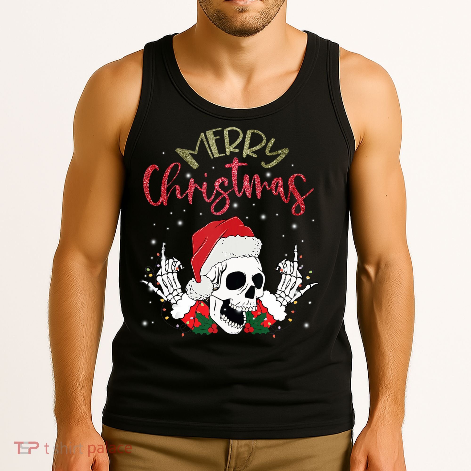 Christmas Light Xmas Santa Hat Funny Skull Merry Christmas Tank Top Tank Top