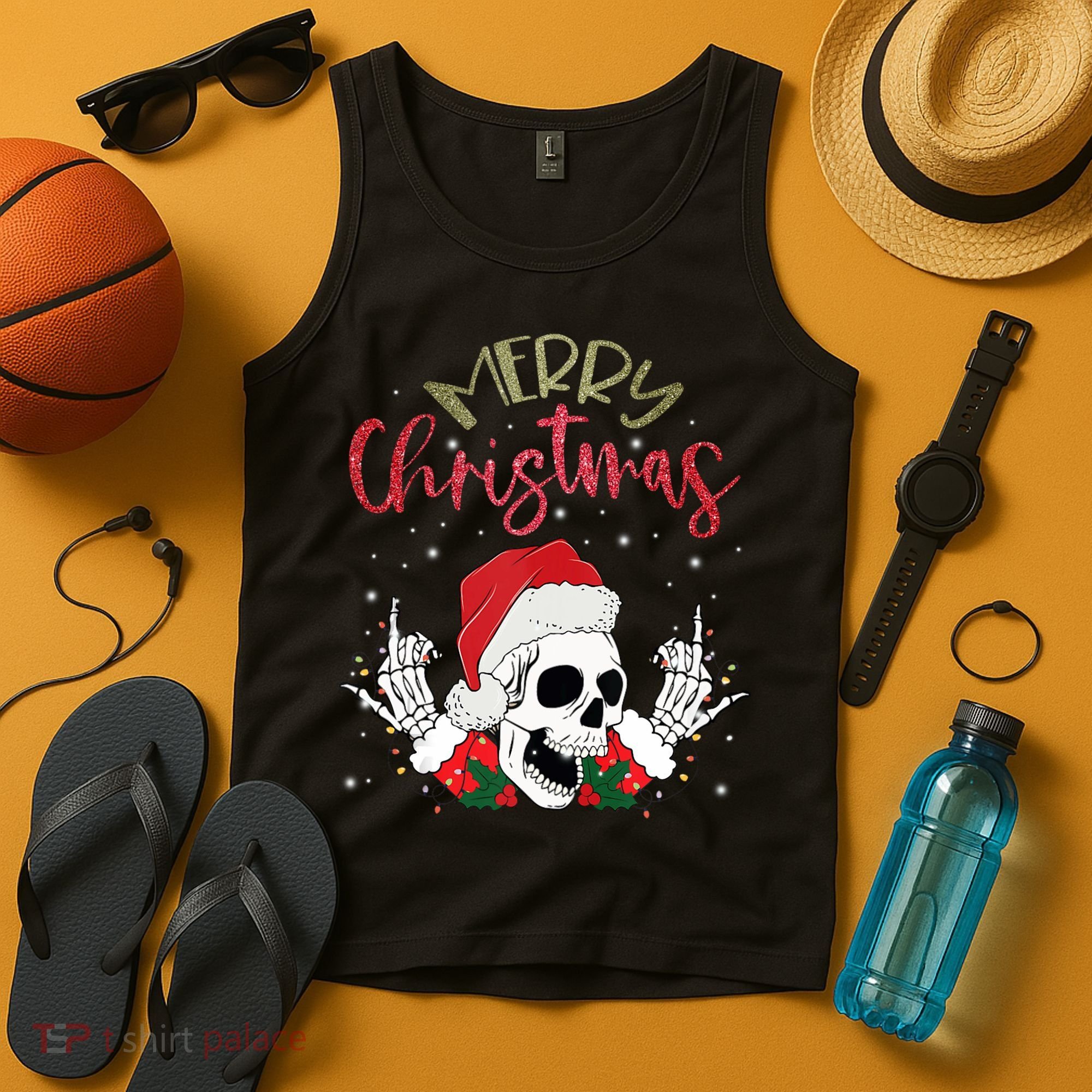 Christmas Light Xmas Santa Hat Funny Skull Merry Christmas Tank Top Tank Top