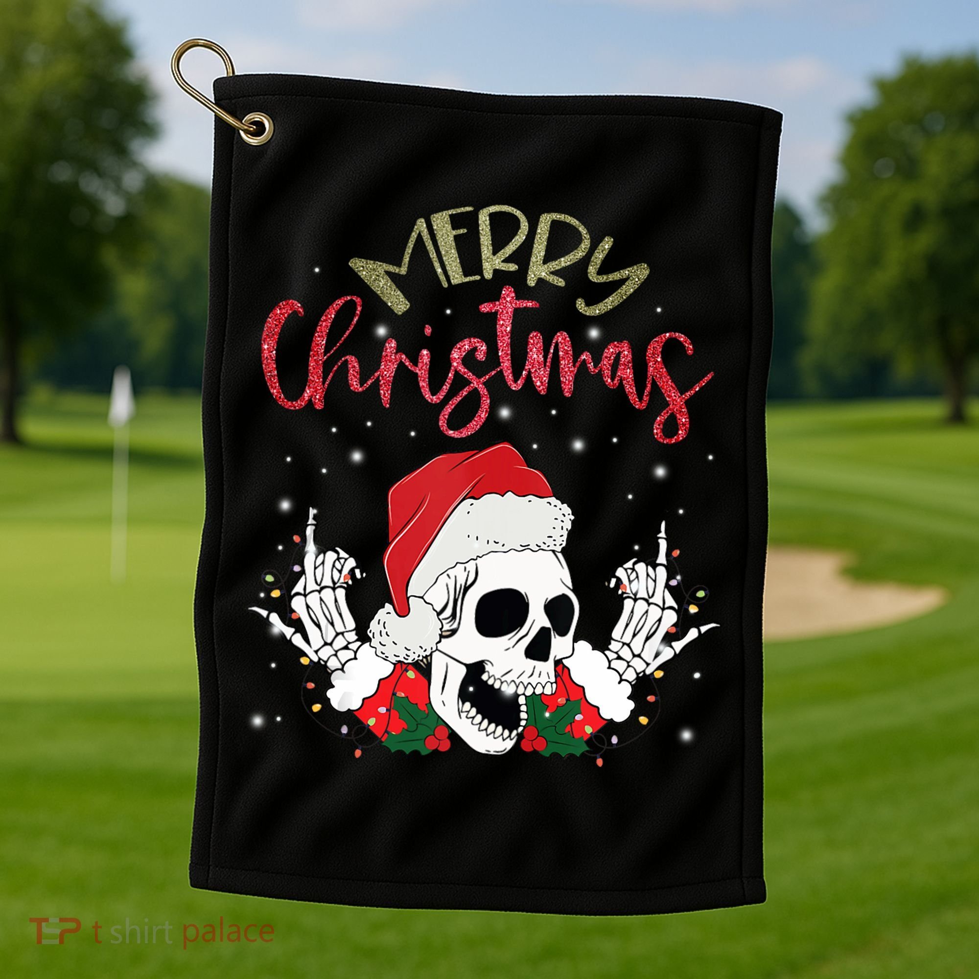 Christmas Light Xmas Santa Hat Funny Skull Merry Christmas Tank Top Golf Towel
