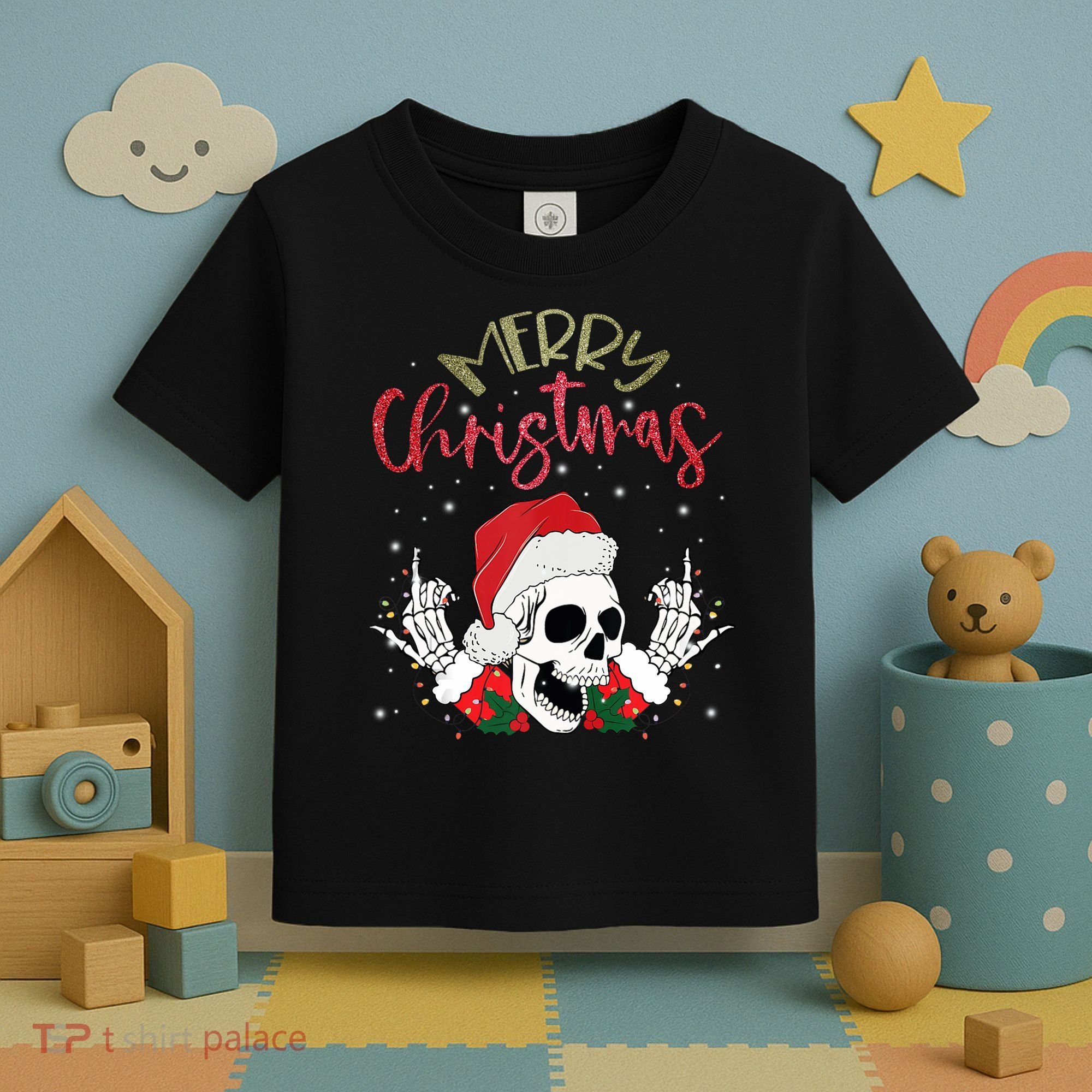 Christmas Light Xmas Santa Hat Funny Skull Merry Christmas Tank Top Toddler T-Shirt
