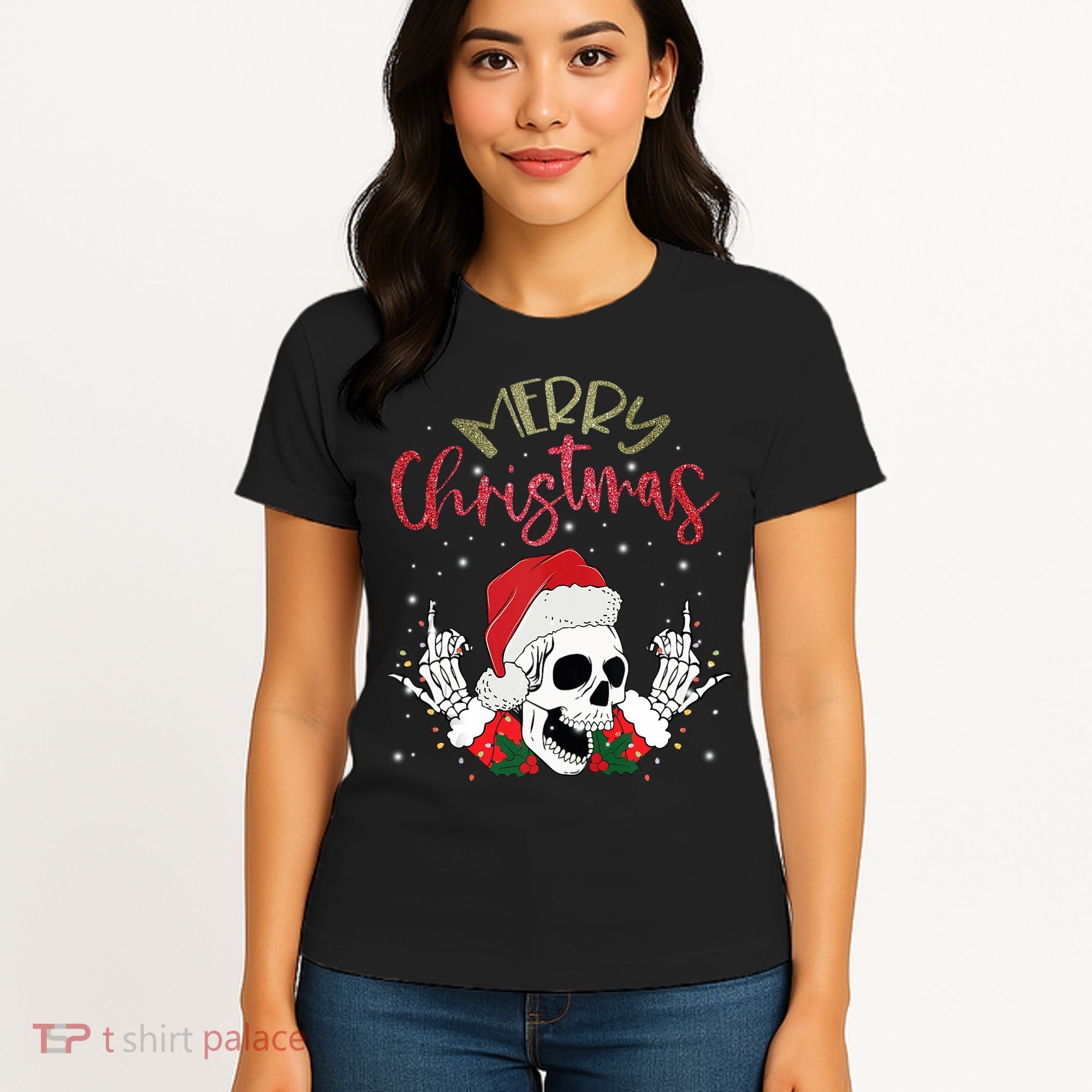 Christmas Light Xmas Santa Hat Funny Skull Merry Christmas Tank Top Women's T-Shirt