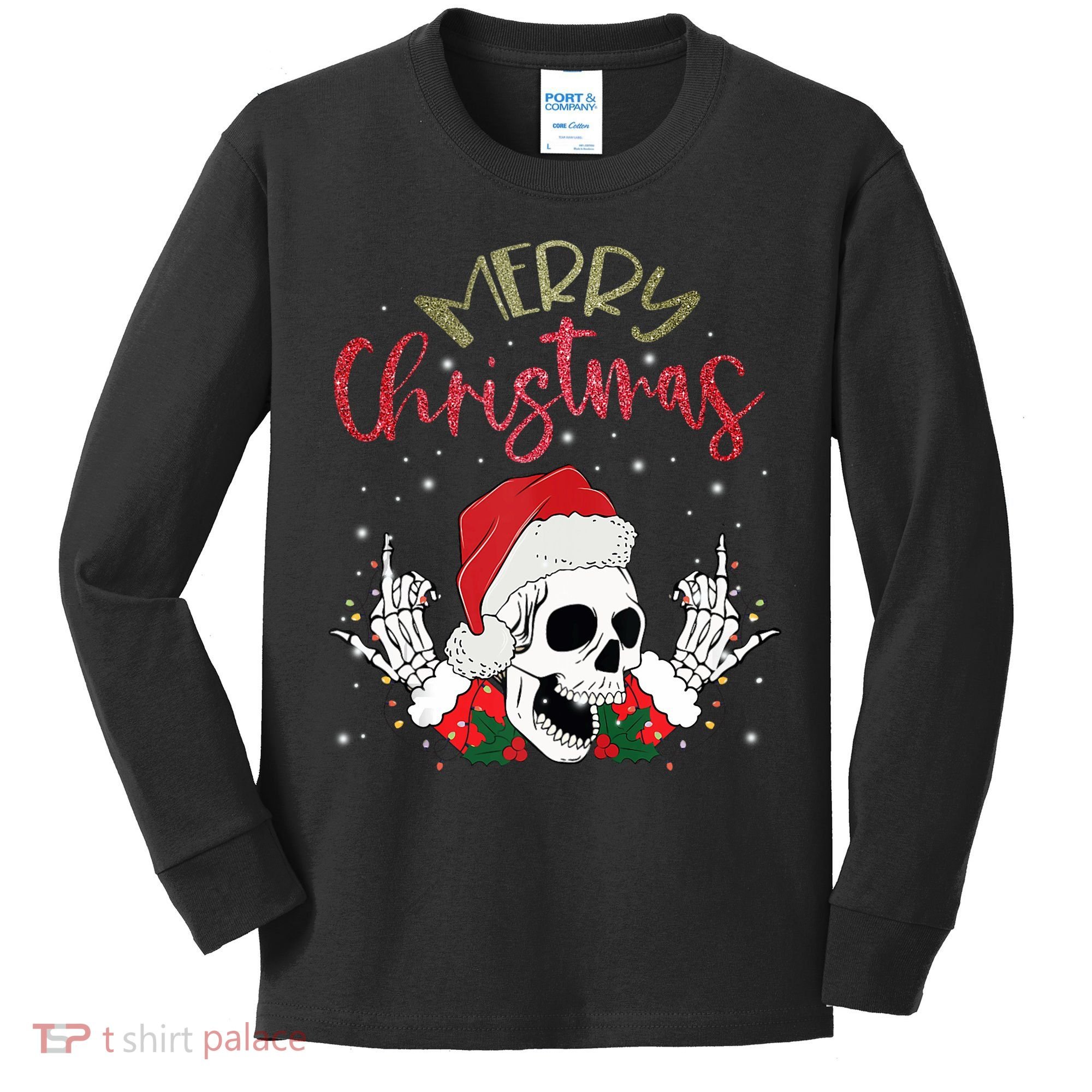 Christmas Light Xmas Santa Hat Funny Skull Merry Christmas Tank Top Kids Long Sleeve Shirt