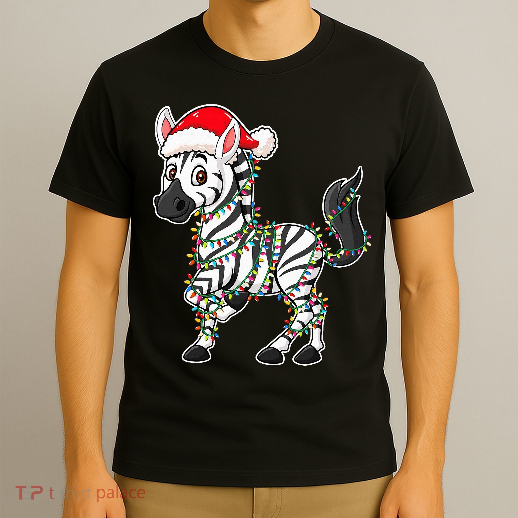 Christmas Lights Zebra Wearing Xmas Hat Zebra Lover T-Shirt