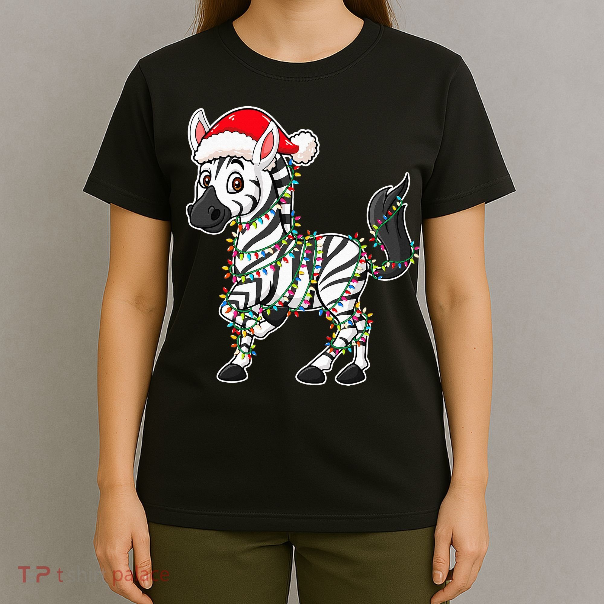 Christmas Lights Zebra Wearing Xmas Hat Zebra Lover T-Shirt