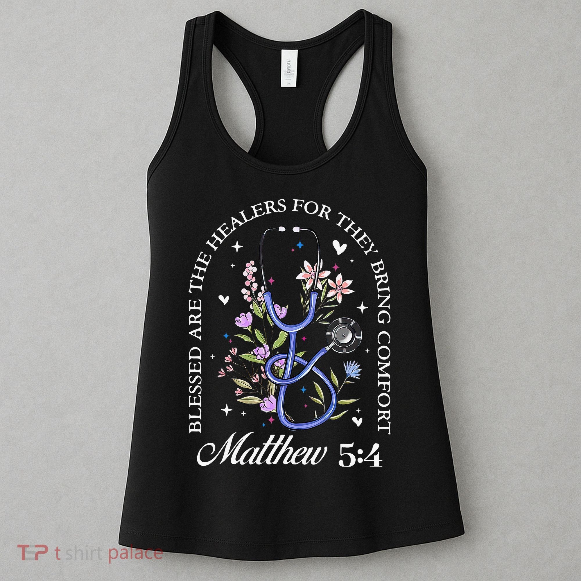 Christian Matthew 5-4 Bible Verse Nurse Stethoscope Flower Women's Tank Top