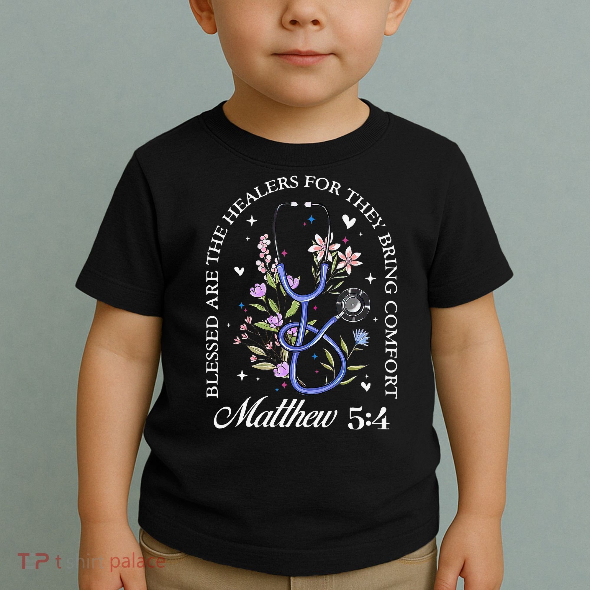Christian Matthew 5-4 Bible Verse Nurse Stethoscope Flower Toddler T-Shirt