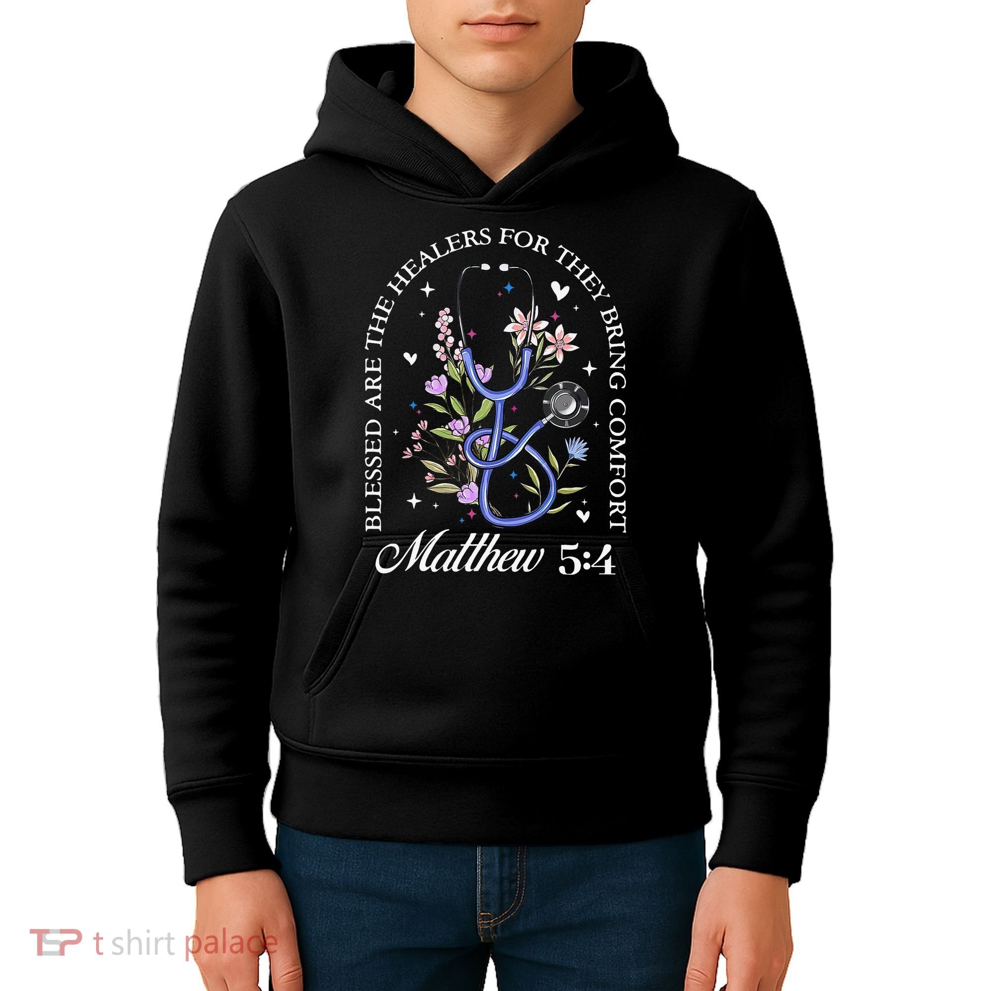 Christian Matthew 5-4 Bible Verse Nurse Stethoscope Flower Kids Hoodie