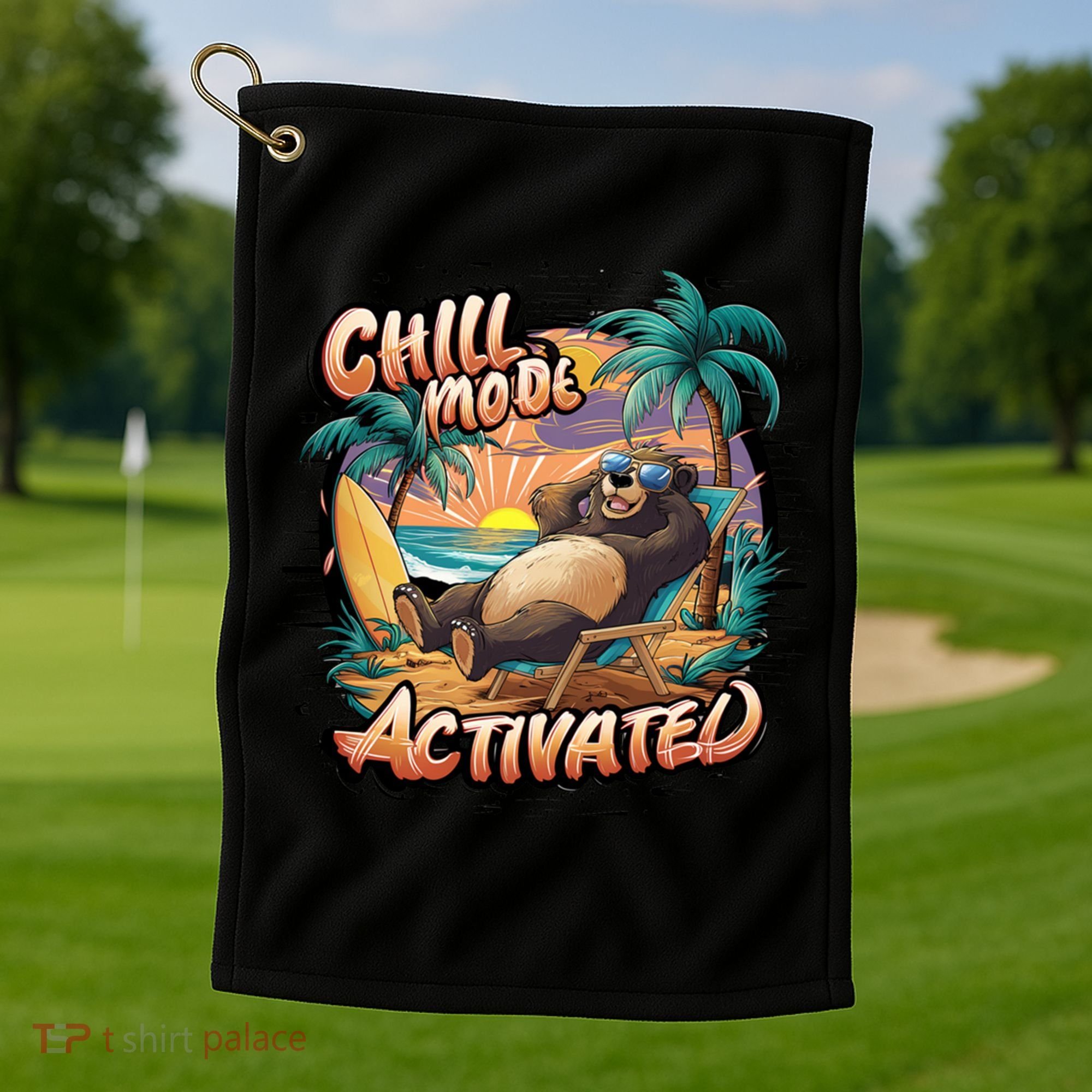 Chill Mode Activated Funny Grizzly Bear Vacay Vibes Only Gift Golf Towel