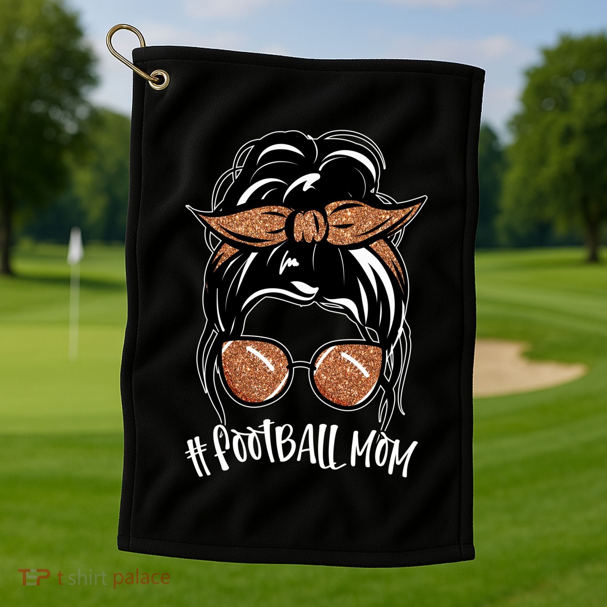 Cute Messy Bun Football Mom Golf Towel