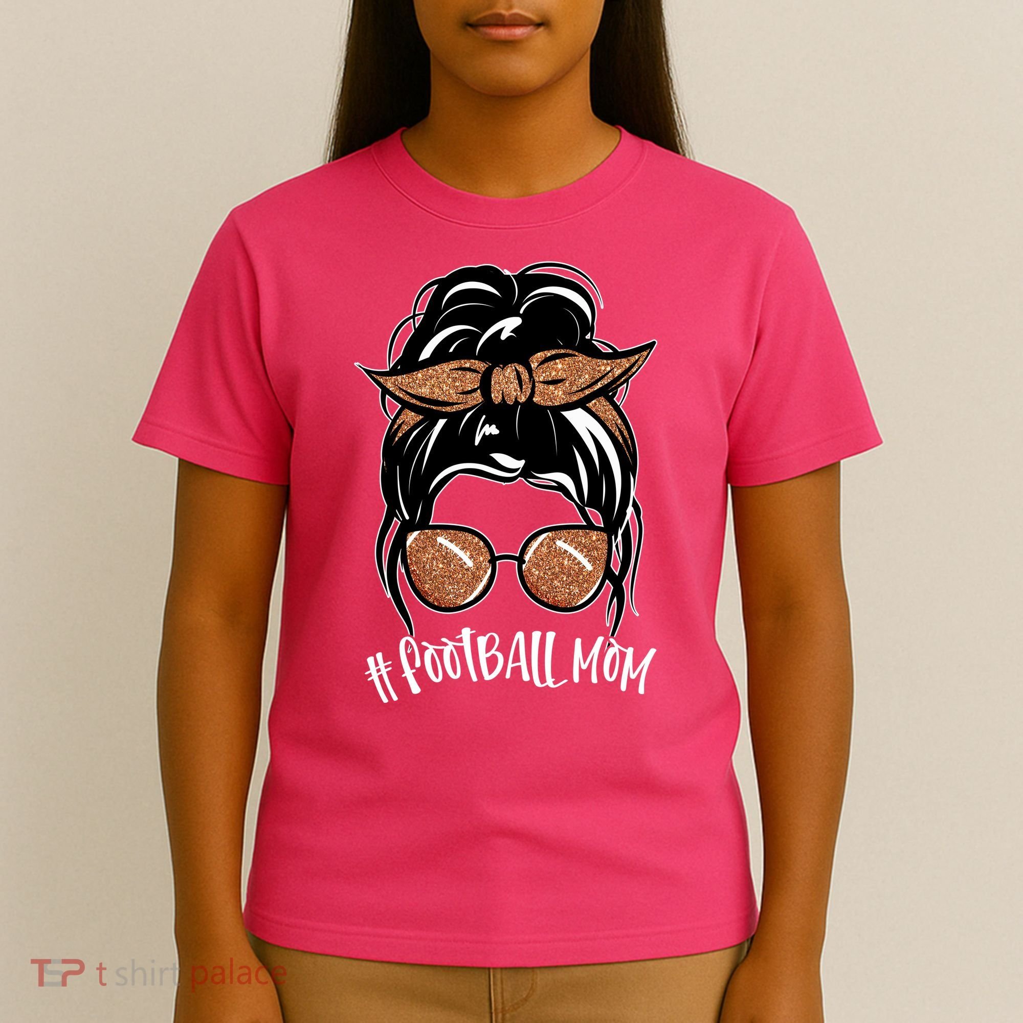 Cute Messy Bun Football Mom T-Shirt