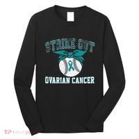 Cancer Month Baseball Strike Out Ovarian Cancer Long Sleeve Shirt thumb 0
