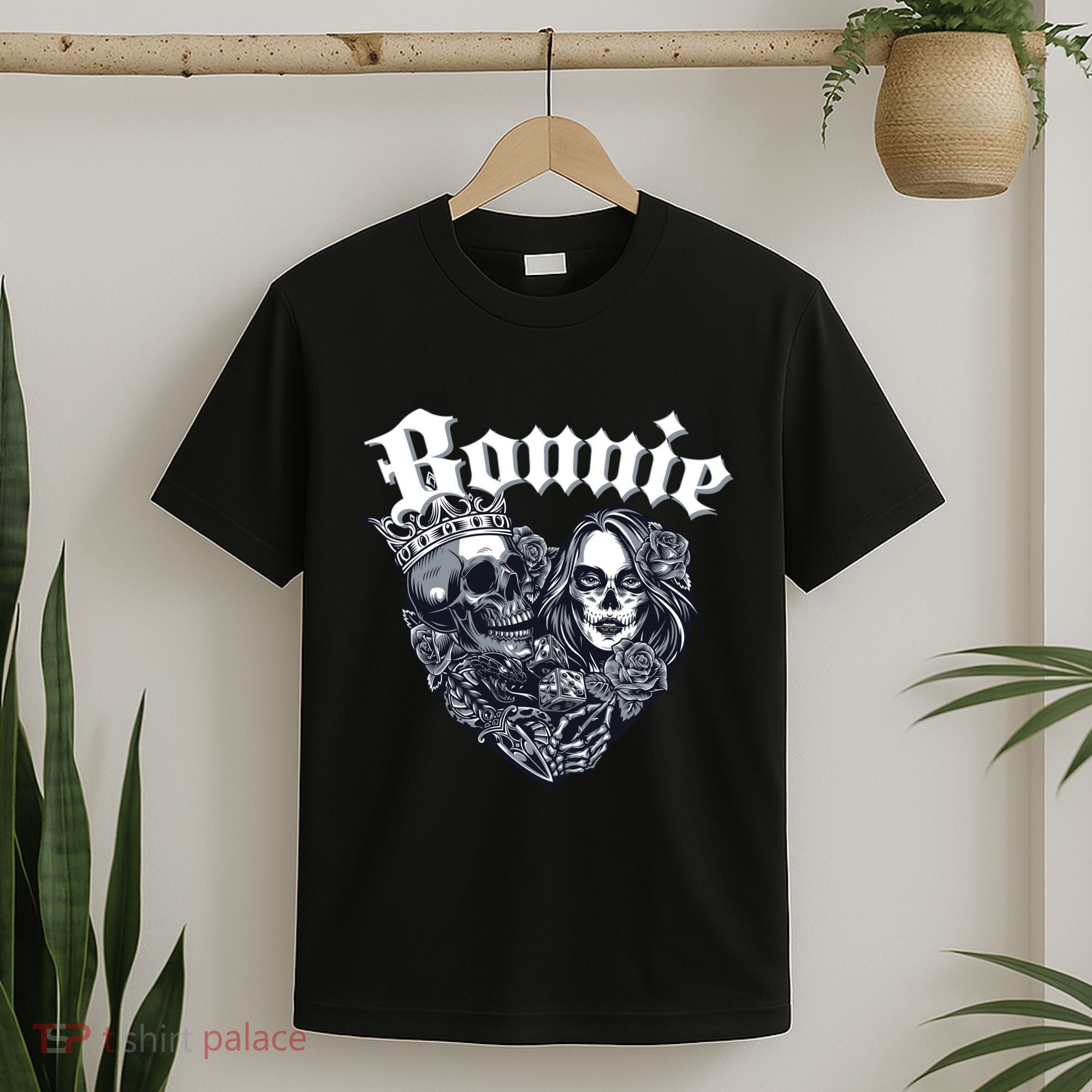 Couple Matching Bonnie & Clyde Chicano Style Heart Tattoo Outfit For Couples T-Shirt