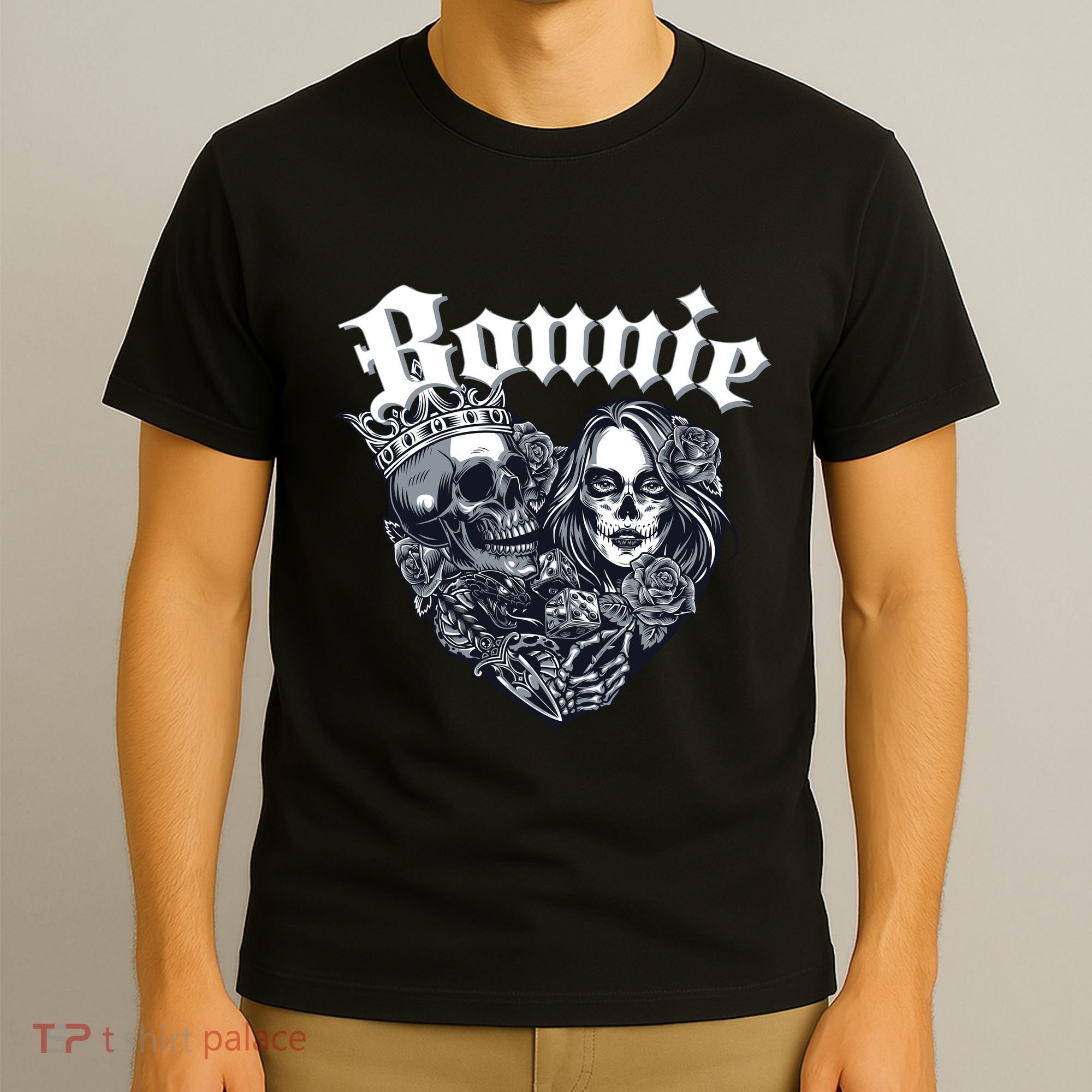 Couple Matching Bonnie & Clyde Chicano Style Heart Tattoo Outfit For Couples T-Shirt