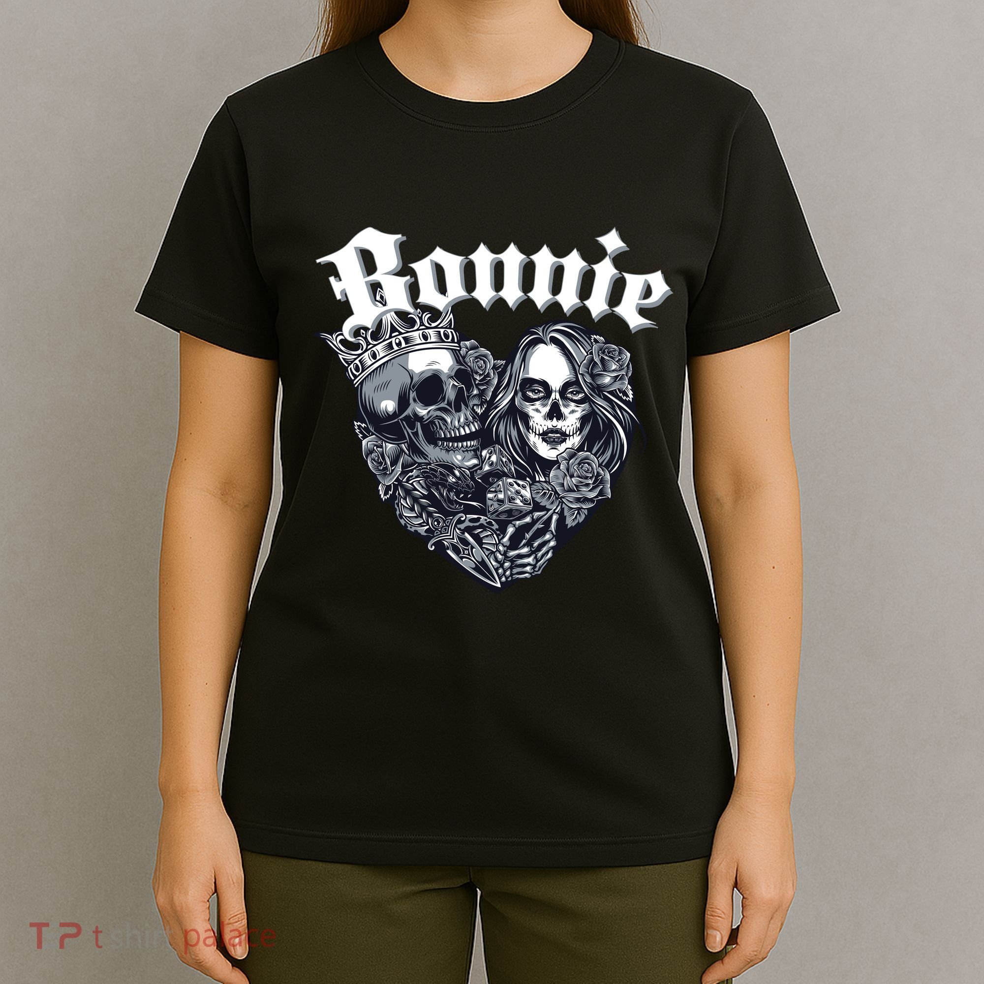 Couple Matching Bonnie & Clyde Chicano Style Heart Tattoo Outfit For Couples T-Shirt