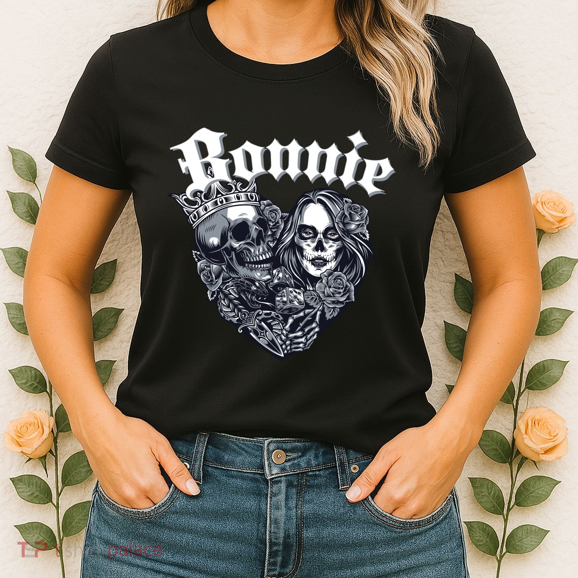 Couple Matching Bonnie & Clyde Chicano Style Heart Tattoo Outfit For Couples Women's T-Shirt