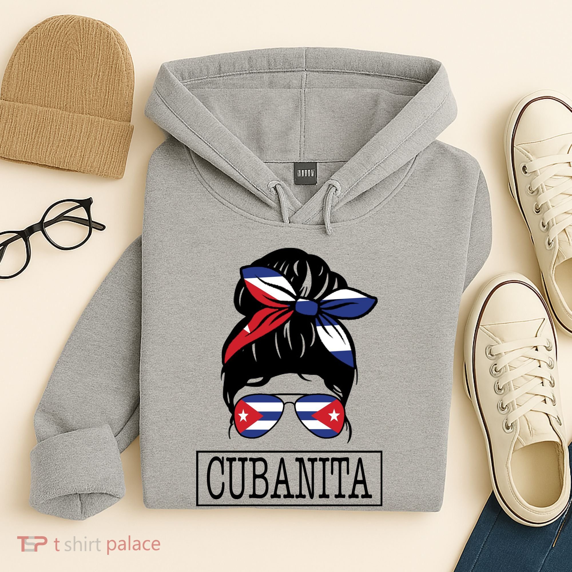 Cubanita Messy Bun Cuban Flag Cuba Hoodie