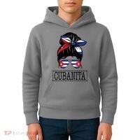 Cubanita Messy Bun Cuban Flag Cuba Kids Hoodie thumb 4