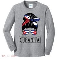 Cubanita Messy Bun Cuban Flag Cuba Kids Long Sleeve Shirt thumb 0