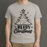 Cute Merry Christmas Tree Outline T-Shirt thumb 3